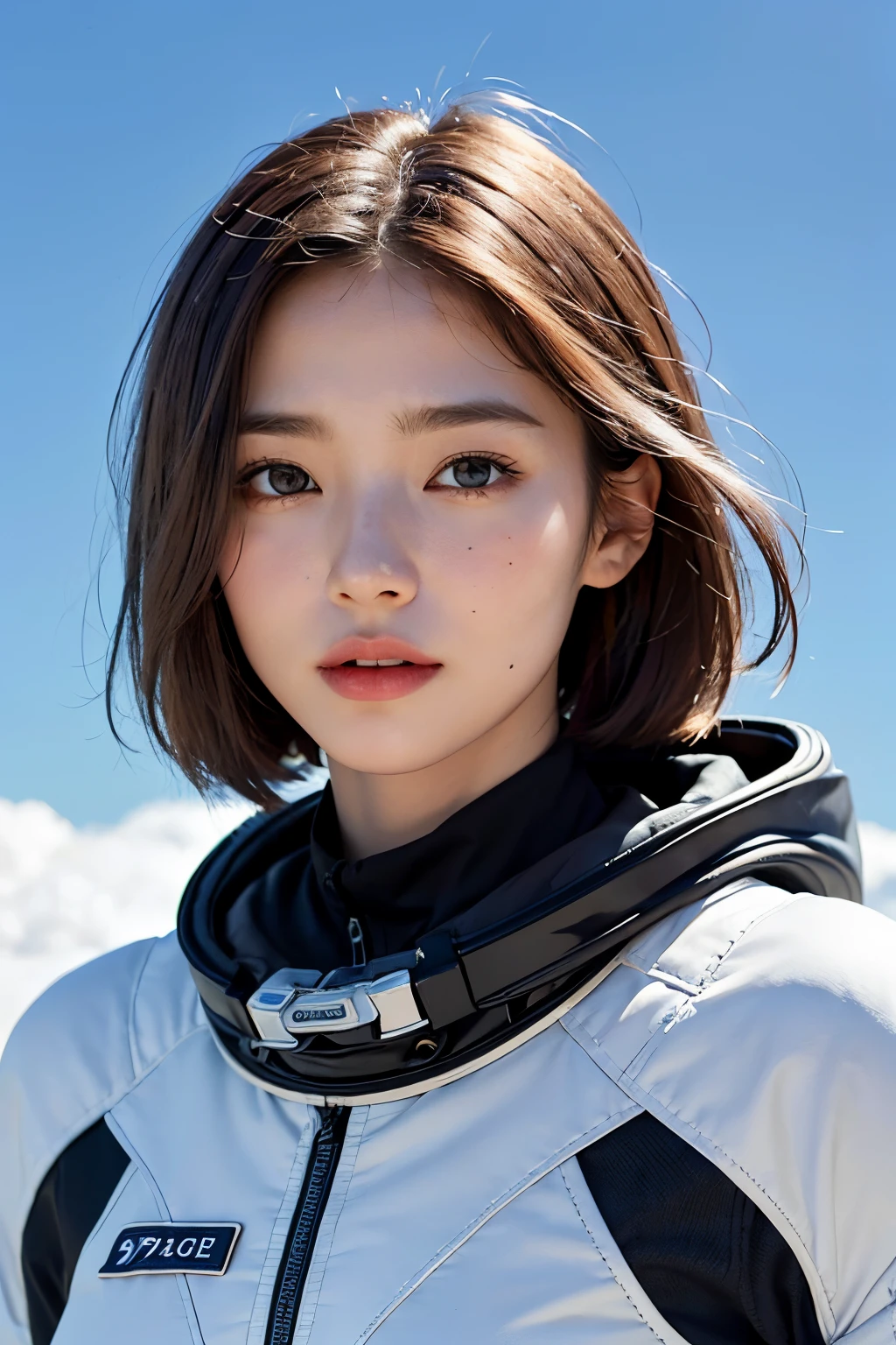 top-quality、masterpiece、超A high resolution、(realisitic:1.4)、Beautuful Women1、Beautiful detail eyes and skin、ssmile、Light brown short-cut hair、The perfect spacesuit、spaceships、cosmic space、Ice and Snow Planet、cloudy ash sky、weak sunshine、