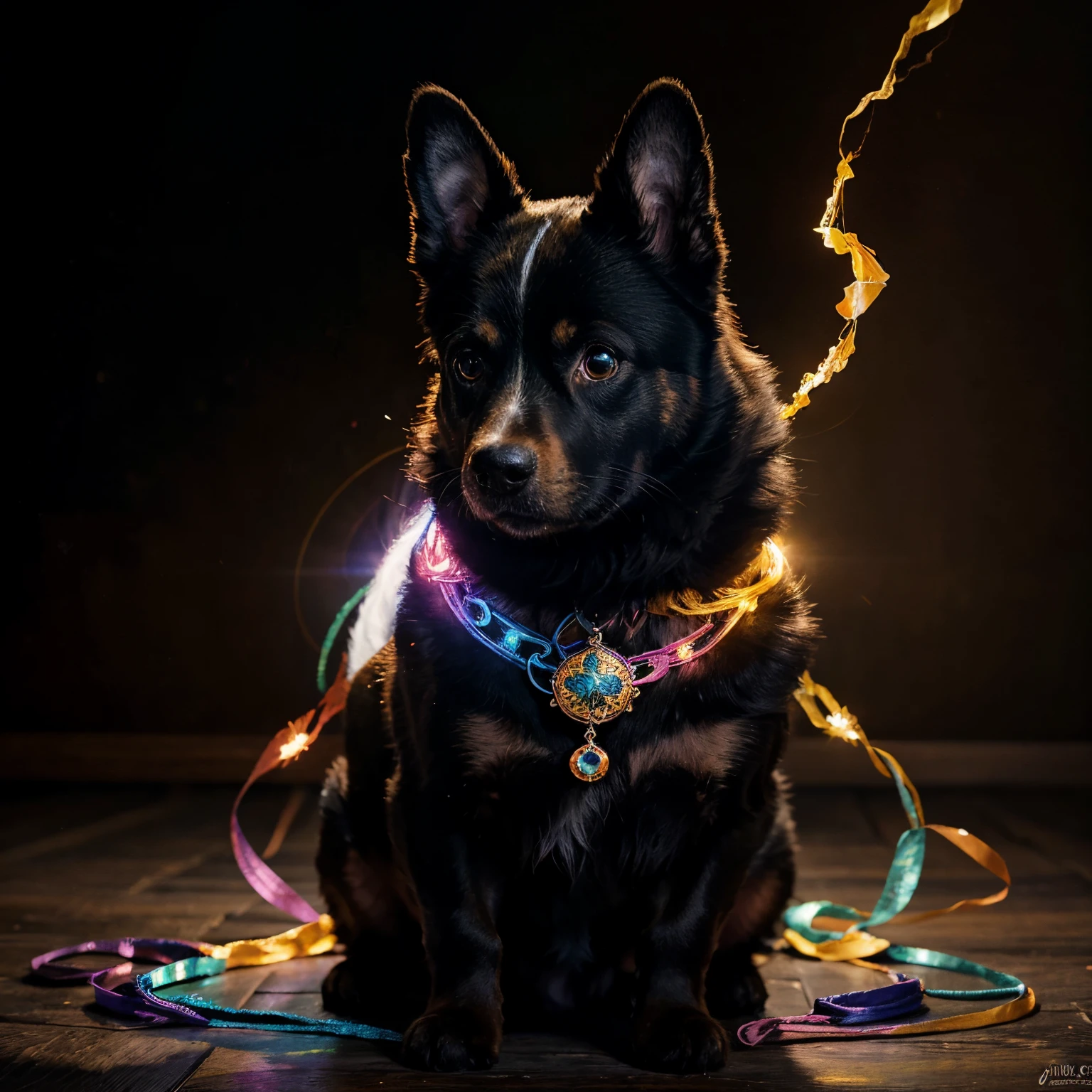 a painting of a colorful dog on a black background, breathtaking rendering, within a radiant connection, inspired by Kinuko Y. Craft,, magical elements, wow, is beautiful, casting a multi colorful spell, bright flash, flash
