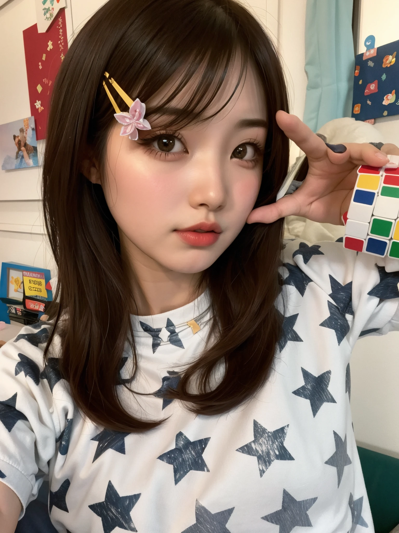 hay una chica sosteniendo un rubik's cubo en su mano, haciendo un puchero, Chiho, ulzzang, Sakimichan, Estilo de color Aya Takano, Cabello limpio con flequillo, Jinyoung Shin, con estrellas, Deayami Kojima, por Ayami Kojima, Akasatana en Twitter, Kim Doyoung, Jaeyeon Nam