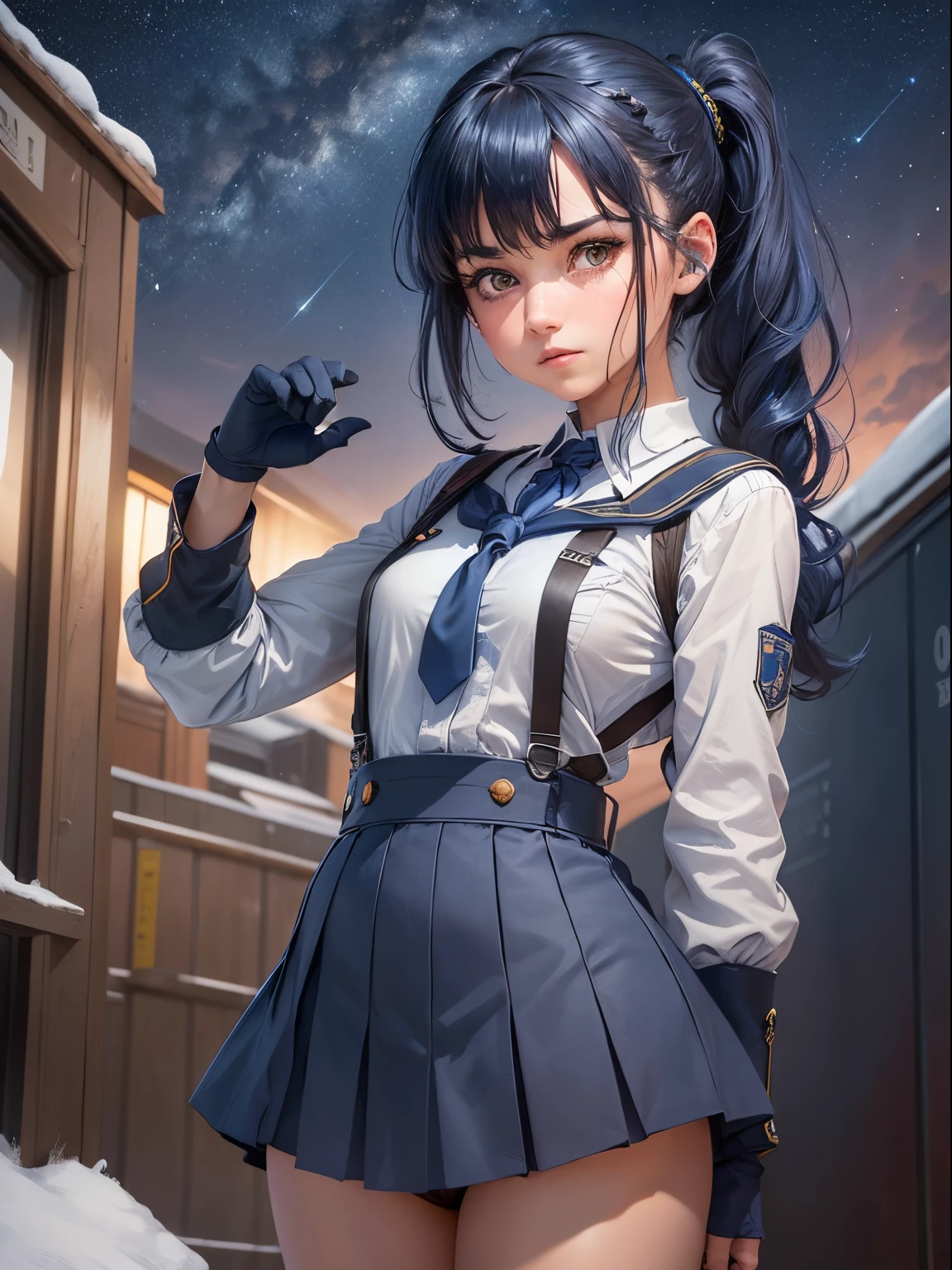 1girl in, Solo, Laura S. Alceid (long dark blue hair, Ponytail and side van, small tit), (Inspired by the trail of cold steel) ,(Accurate Hand Modeling,),natta,You can see the starry sky,In a school dress showing off her panties, Wearing the uniform of the cadet school, embarrassed
