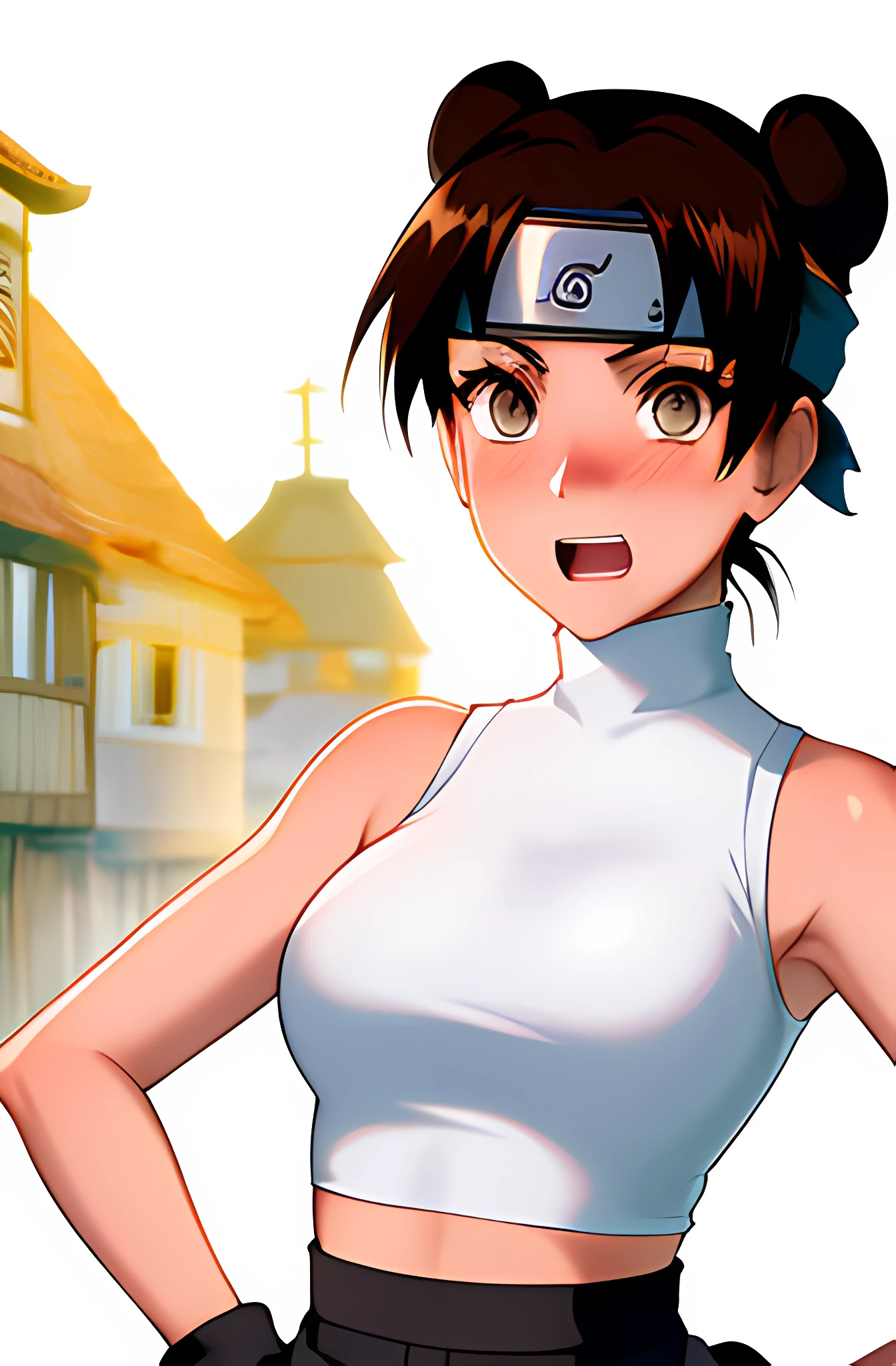 masterpiece, absurdres , (intricate details), (colorful),cinematic lighting,bust shot,extremely detailed CG unity 8k wallpaper,tenten\(shippuden\), 1girl, solo, ((white sleeveless turtleneck)), (large breasts), hand on hip,forehead protector, konohagakure symbol, headband, looking at viewer, (village street), charming smile, ((slim waist)), ((blushing)), off shoulder, ((midriff)), open mouth, ((aheago)),