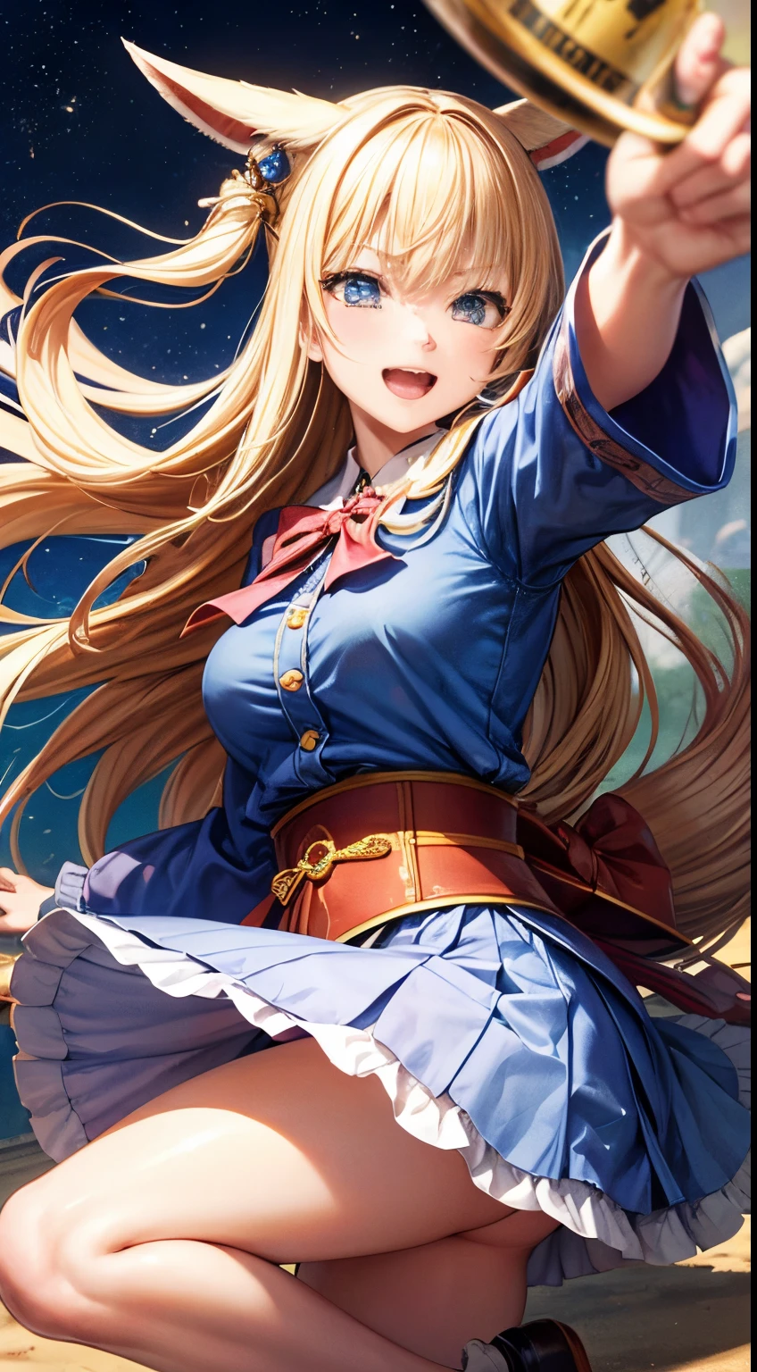 Kamome Shirahama, Koji Aihara, Surreal, mysterious, bizarre, fantastical, fantasy, Sci-fi, Japanese anime, playing kicking the can, beautiful blonde miniskirt girl Alice, perfect body, lively, looking happy, Alice kicks the can as hard as she can, the Duchess looks frustrated at being kicked by the can, the guards with playing cards are happy, Cheshire Cat March Hare Bird's Eye View Wide Angle, detailed masterpiece