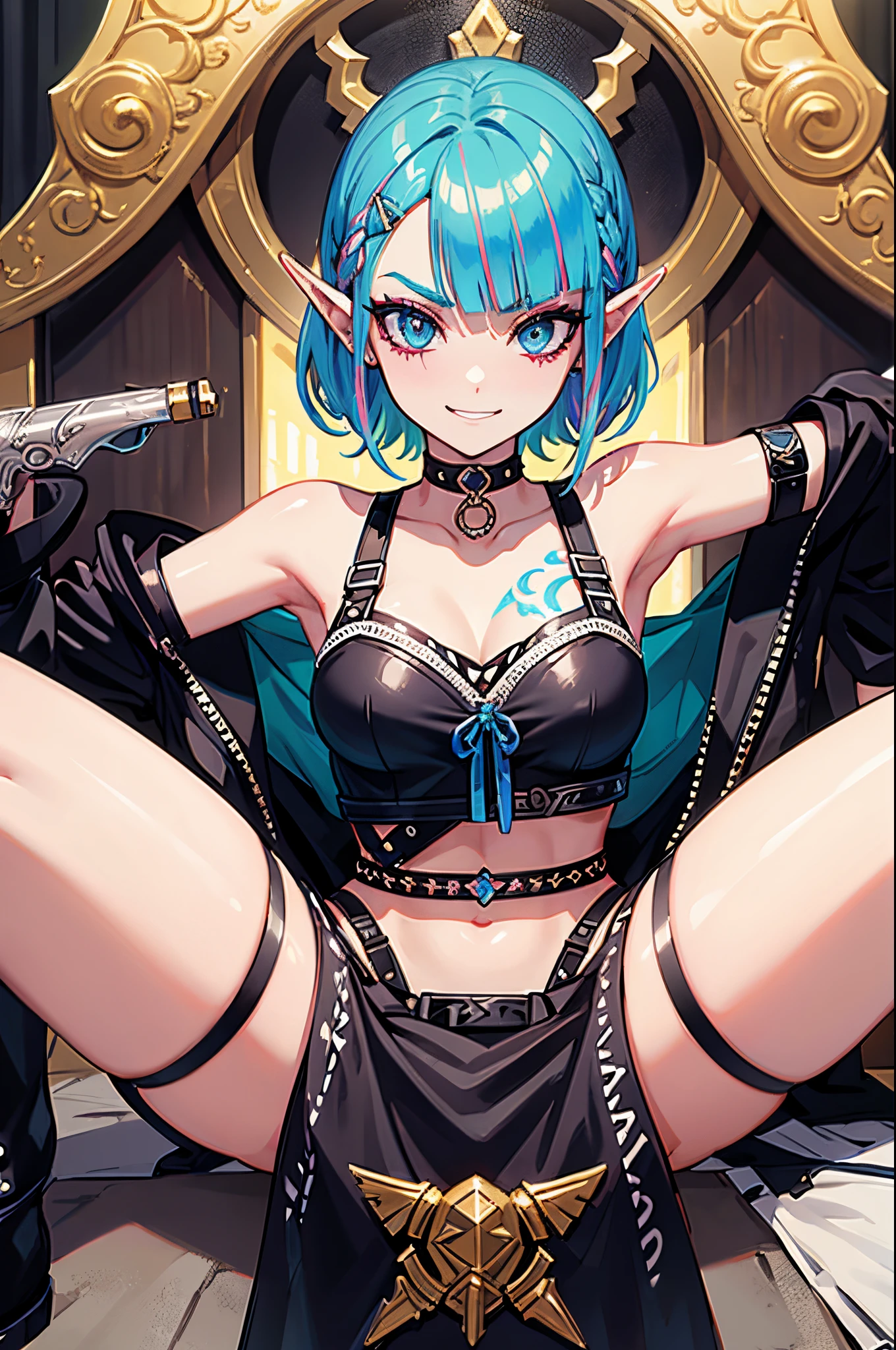 (Punk Zelda), short hair, multicoloured hair, piercing, makeup, crop top, choker, arm straps, (arrogant look), cheeky and bratty behaviour, grinning, (detailed face), (detailed eyes:1.1), masterpiece, best quality, intricate, detailed, sharp, focused, colorful details, iridescent colors, intricate details, dynamic voluminous light, high resolution, enchanted quality.