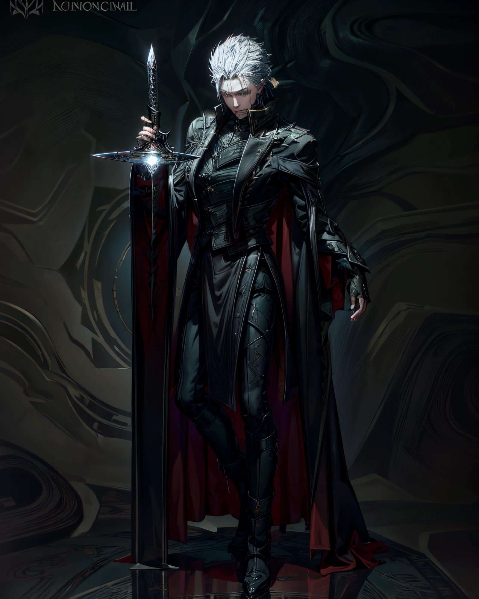 Um poderoso, figura masculina em um escuro, gothic scenario, holding a demonic sword, usando um longo, flowing trench coat, adorned with intricate symbols and runes, seus olhos azuis penetrantes brilhando com uma luz sobrenatural, your silver hair blowing in the wind

[illustration], [Escuro, gothic theme], [atmosfera sinistra], [intricate symbols], [demonic sword], [long flowing trench coat], [olhos azuis penetrantes], [cabelos prateados], [olhar intenso] [Vergil] [Devil may cry]