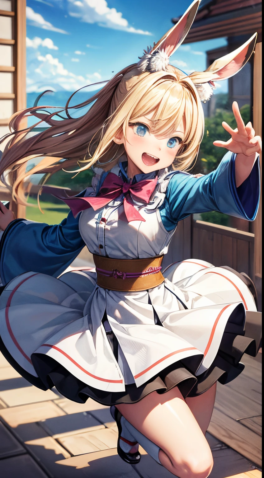 Kamome Shirahama, Koji Aihara, Surreal, mysterious, bizarre, fantastical, fantasy, Sci-fi, Japanese anime, playing kicking the can, beautiful blonde miniskirt girl Alice, perfect body, lively, looking happy, Alice kicks the can as hard as she can, the Duchess looks frustrated at being kicked by the can, the guards with playing cards are happy, Cheshire Cat March Hare Bird's Eye View Wide Angle, detailed masterpiece