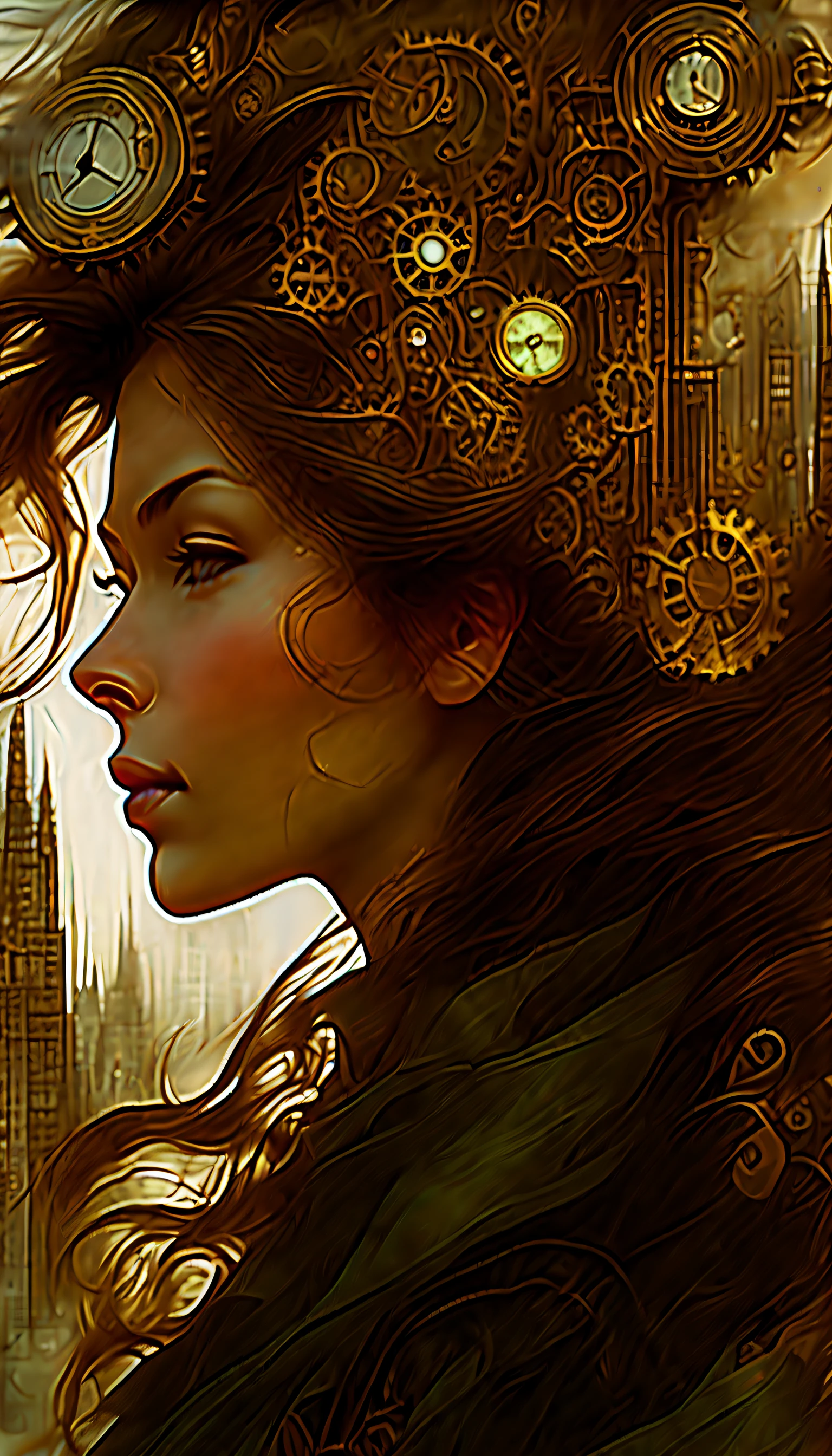 (((double exposure art of female portrait and intricate steampunk cityscape:1.8))), mythical, (((translucent:1.4))), forest punk background, beauty long hair, (((highest quality:1.1))), highly quality, (crisp clarity that is unmatched:1.2), breathtaking intricate insane detailed gouache painting, (((radiosity rendered in stunning 32k resolution beauty:1.3))),
