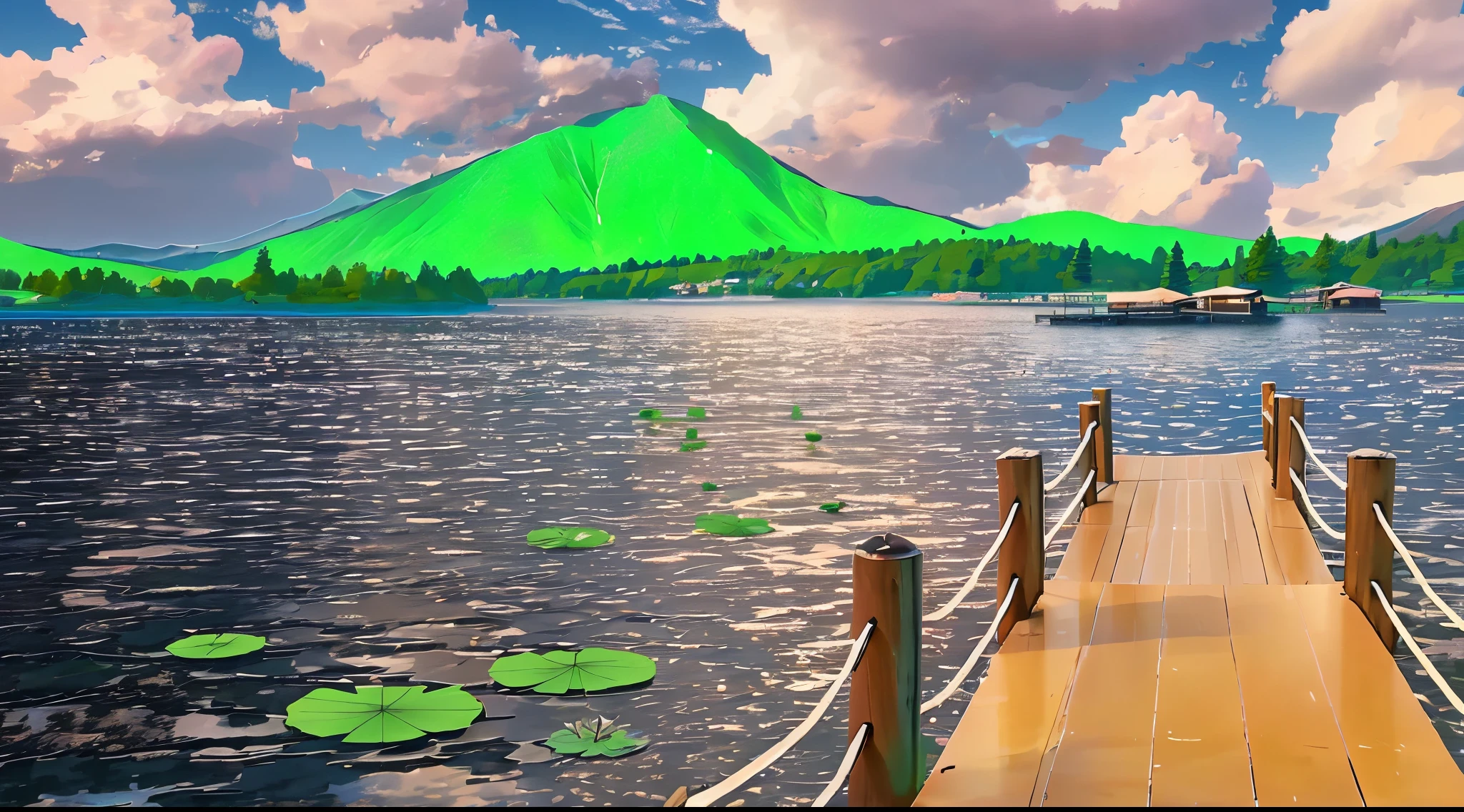 a beautiful lake view with mountains and trees, wooden bridge, clear lake water, 6 lily pads, blue sky with billowing clouds, longshot, anime, anime style, makoto shinkai style, anime style rendering, 4k, 4k detailed,