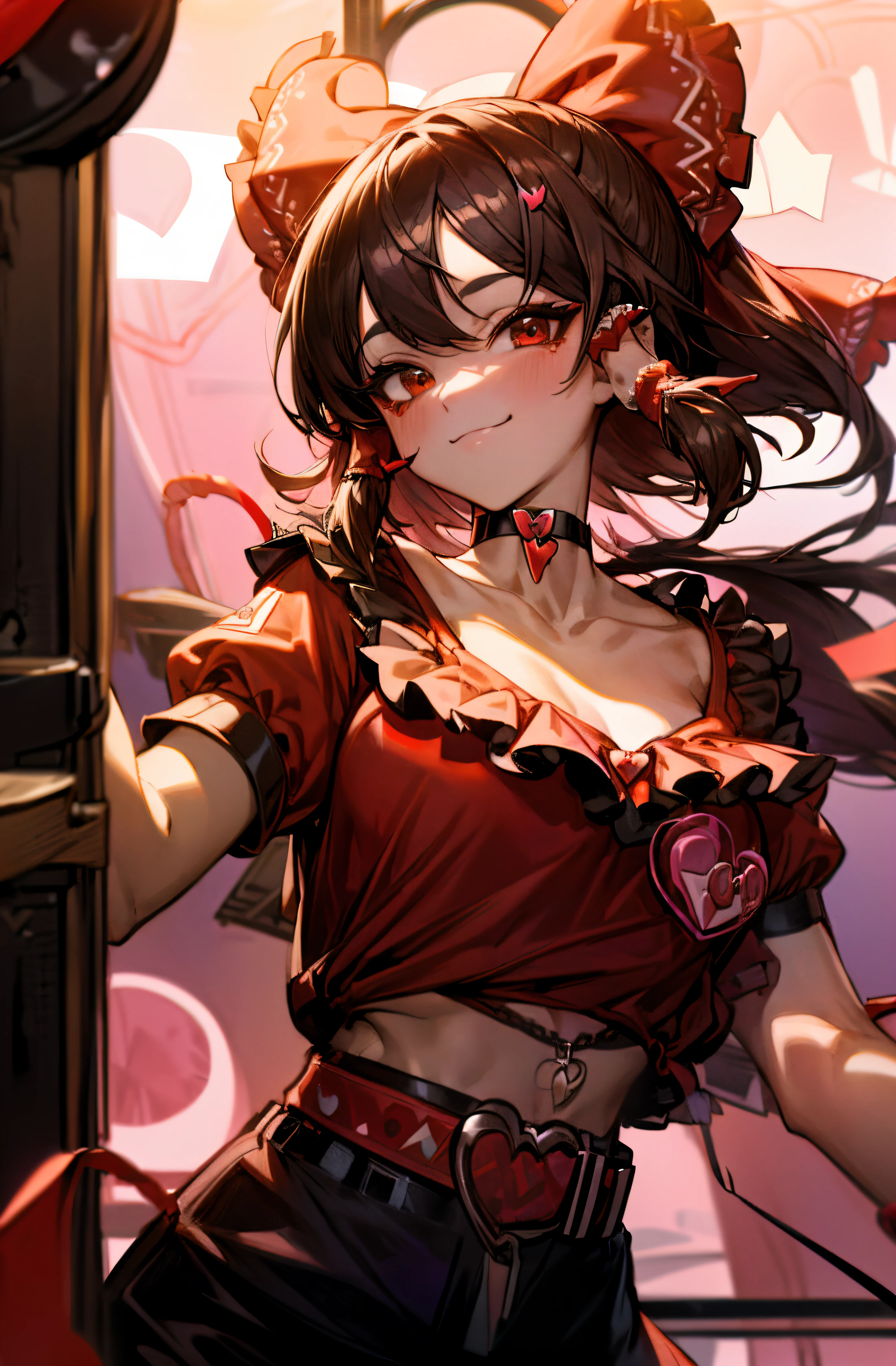 Reimu Hakurei at a rave, looking at the viewer with an seductive smile while dancing, confident, nightclub, neon lights,Brown hair, brown eyes, ((bangs, red ribbon:1.3)), e-girl outfit:1.7, (((Eyeliner, Heart-Shaped Stamp, Choker, Belt Chain:1.3))), teenager,