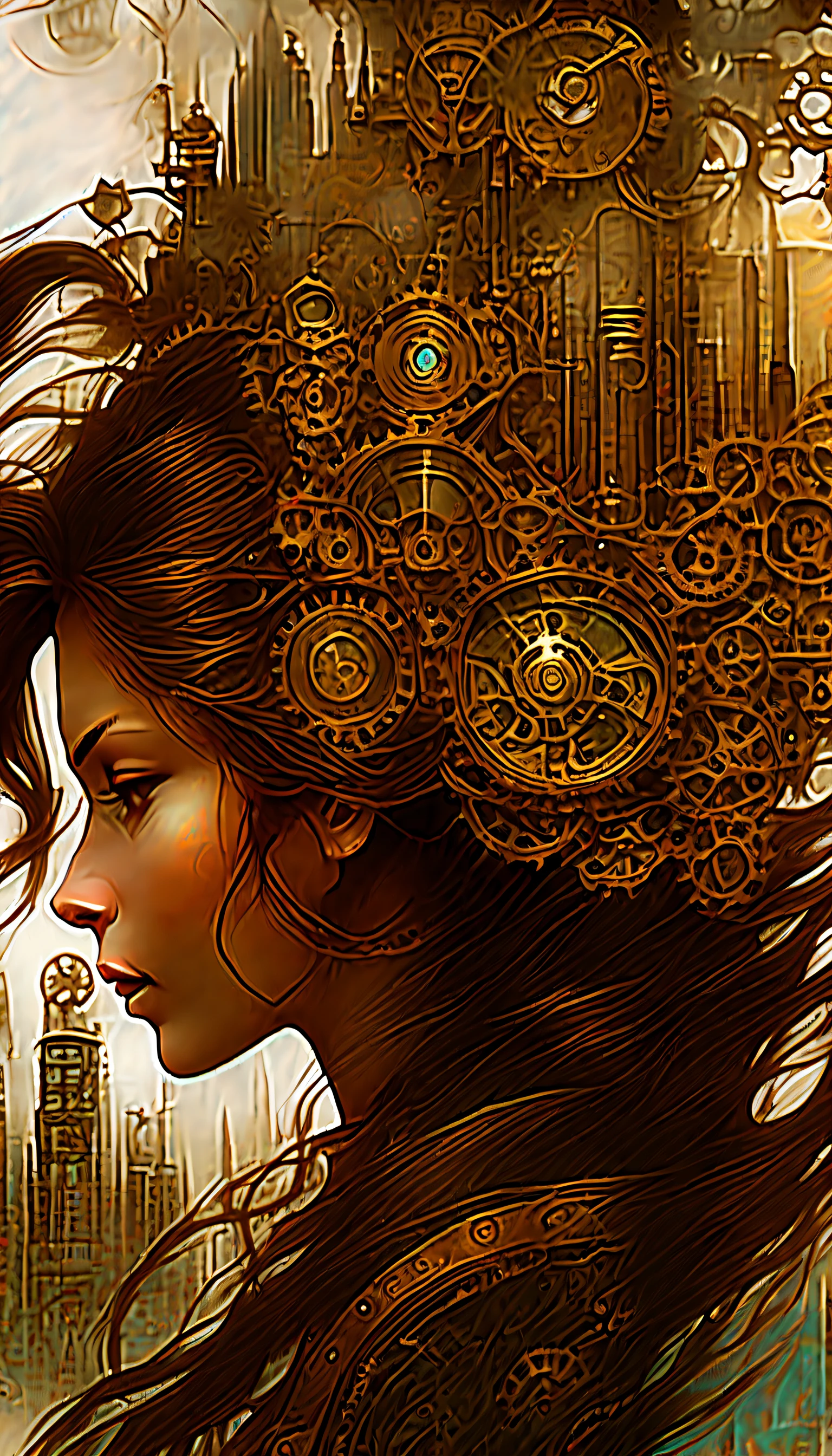 (((double exposure art of female head and intricate steampunk cityscape:1.8))), mythical, (((translucent:1.4))), forest punk background, beauty long hair, (((highest quality:1.1))), highly quality, (crisp clarity that is unmatched:1.2), breathtaking intricate insane detailed gouache painting, (((radiosity rendered in stunning 32k resolution beauty:1.3))),