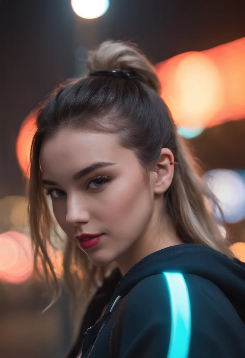 (best quality,4k,8k,highres,masterpiece:1.2),ultra-detailed,(realistic,photorealistic,photo-realistic:1.37),girl wearing airpods,urban backdrop,night scene,neon lights,street fashion,cool,stylish,retro,vivid colors,shadows,lens flare,cityscape,energetic,moody ambiance,modern,hip-hop,headphones,street art,graffiti,animated colors,cyberpunk,fast-paced,blurry background,atmospheric,techno,smooth beats,neon pink and blue color scheme,pop culture references,urban exploration,earbuds,music,urban lifestyle.
