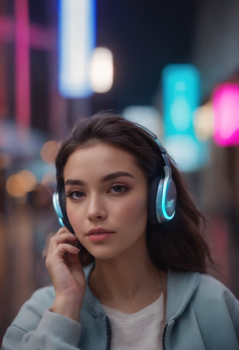 (best quality,4k,8k,highres,masterpiece:1.2),ultra-detailed,(realistic,photorealistic,photo-realistic:1.37),girl wearing airpods,urban backdrop,night scene,neon lights,street fashion,cool,stylish,retro,vivid colors,shadows,lens flare,cityscape,energetic,moody ambiance,modern,hip-hop,headphones,street art,graffiti,animated colors,cyberpunk,fast-paced,blurry background,atmospheric,techno,smooth beats,neon pink and blue color scheme,pop culture references,urban exploration,earbuds,music,urban lifestyle.