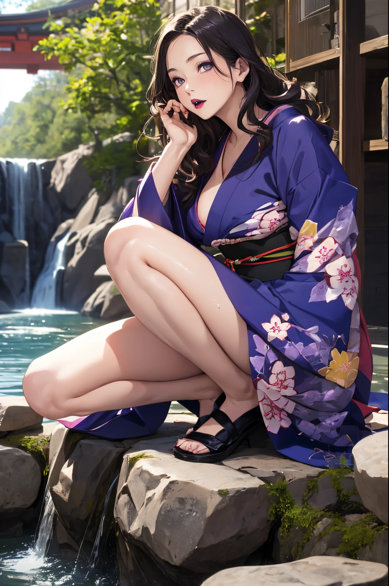 ((Japan-style architecture on the banks of a dark waterfall)),((Japanese-style building with a terrifying atmosphere)), ((Next to a beautiful waterfall basin)), ((Sharp bewitching eyes))、((A sexy))、pale skin、(((1 girl in:1))), ((pale skin))、Melancholy beautiful face、Beautiful expression、Sexy face、Nipple bumps, (((Lower breast)))、knee high socks、(((Beautiful breasts ))), Beautiful 、long boots、Super fine face、Delicat eyes、(Double eyelids)、 (((1 Japan Woman)))、 Beautie, sixteen years old, Wavy Hair、barechested、Underhair、Realism、wetting hair、(Japanese style kimono), ((See-through kimono))、((Black kimono)), Open Wareme, Beautiful , Beautiful hands,not any dressed, I'm not wearing underwear, Female masturbation、Opening legs、squatt、(((erectile nipple)))、long teat、Squat，Spread your legs apart，(M-shaped legs),I wasn't wearing panties，Expose the lower body, (dark purple lipstick)