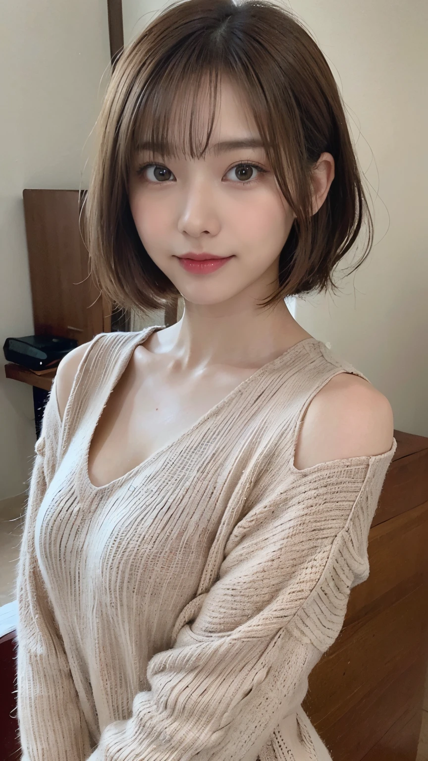 (tmasterpiece:1.3), (8K, 真实感, Original photography, Top image quality: 1.4), Japanese high school girl、(random hair style:1.2)、LOP:1.2、Super detailed faces、Light blue coat、Eye of detail、二重まぶた、Bring your chest together、lock focus:1.2、Beutiful women:1.4、Light brown hair、top-quality、tmasterpiece、超高分辨率、(真实感:1.4)、Highly detailed and professional lighting smile、Loose and lightweight knitwear、shoulders outward、elongated、serious expressions、Short hair details、Fatal position