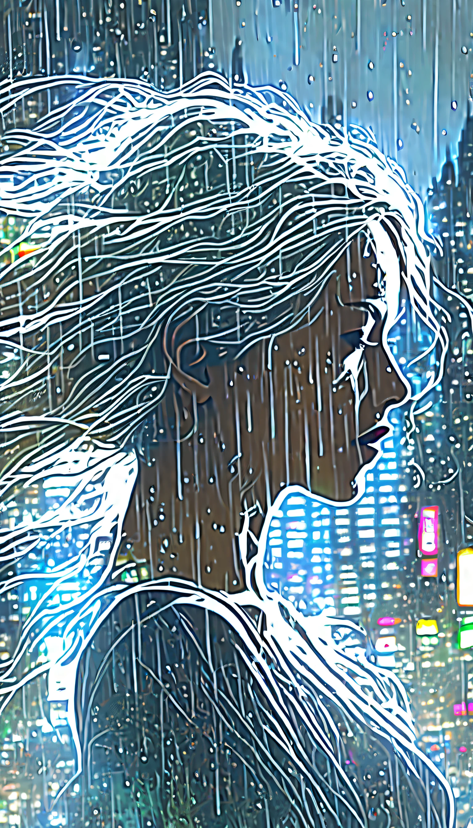 (((double exposure effect of female head with dark fantasy rain cityscape:1.7))), (((translucent:1.4))), forest punk background, white blond long hair with blowing, highest quality, highly quality, (crisp clarity that is unmatched:1.2), breathtaking intricate insane detailed gouache painting, (((radiosity rendered in stunning 32k resolution beauty:1.3))),