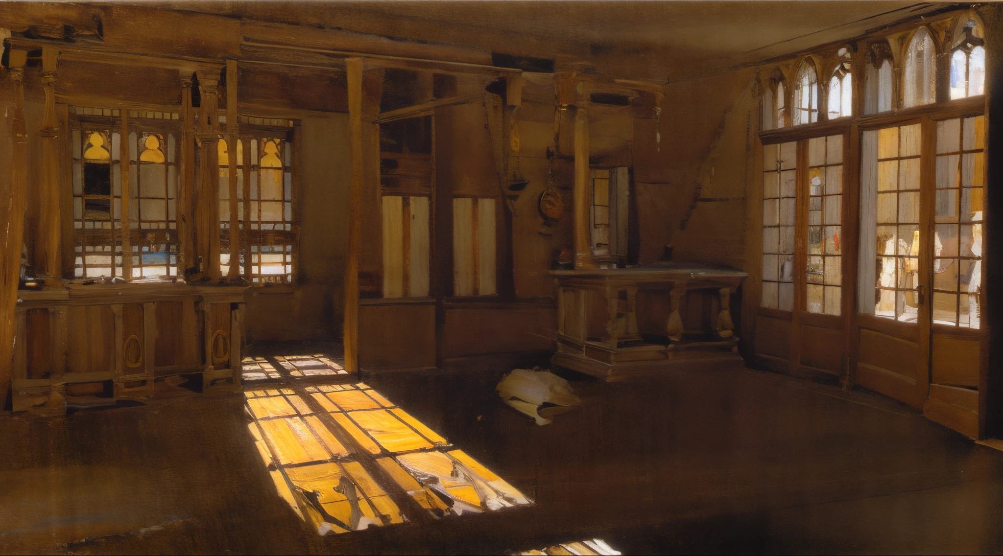 there is a drawing of a man standing in a room, volumetric shadows and lighting, volumetric lighting and shadows, an ambient occlusion render, detailed with shadows, lights and shadows, light and shadow, lighting & shadows, noon lighting, victorian home, wood floors, screen door, oil painting, classical painting, symmetry