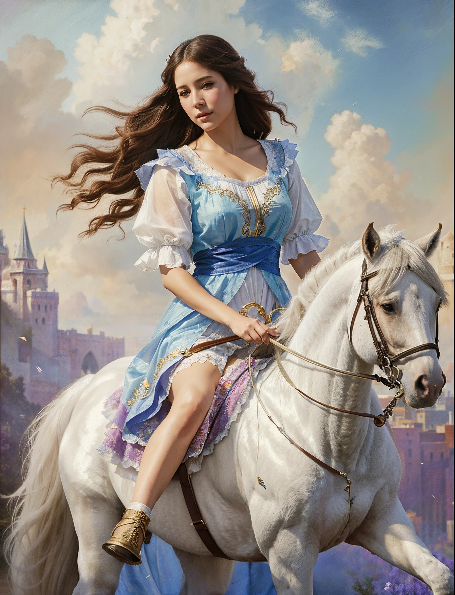 pintura de una mujer montando un caballo blanco con un vestido azul, Magali Villeneuve', graphic artist magali villeneuve, inspirado por Magali Villeneuve, beautiful fantasy art, Al estilo de Anne Stokes, beautiful fantasy maiden, very beautiful fantasy art, Retrato de princesa, Hermosa pintura de personajes, beautiful fantasy painting, por Cynthia Sheppard, por Magali Villeneuve
