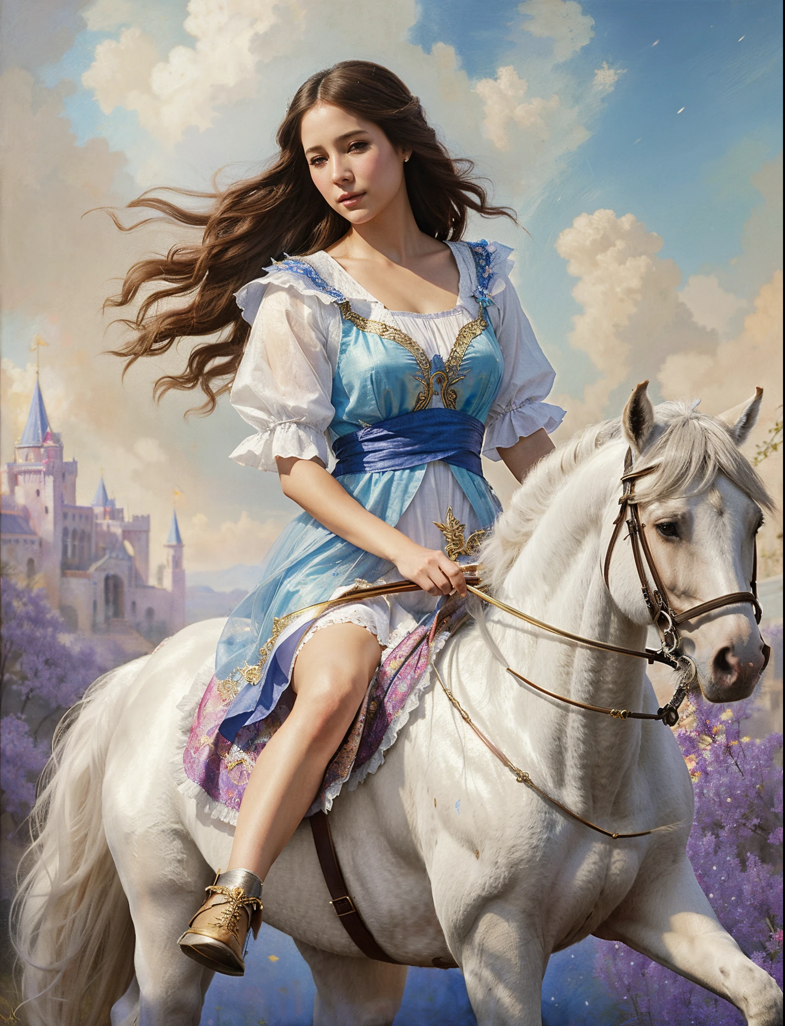 pintura de una mujer montando un caballo blanco con un vestido azul, Magali Villeneuve', graphic artist magali villeneuve, inspirado por Magali Villeneuve, beautiful fantasy art, Al estilo de Anne Stokes, beautiful fantasy maiden, very beautiful fantasy art, Retrato de princesa, Hermosa pintura de personajes, beautiful fantasy painting, por Cynthia Sheppard, por Magali Villeneuve