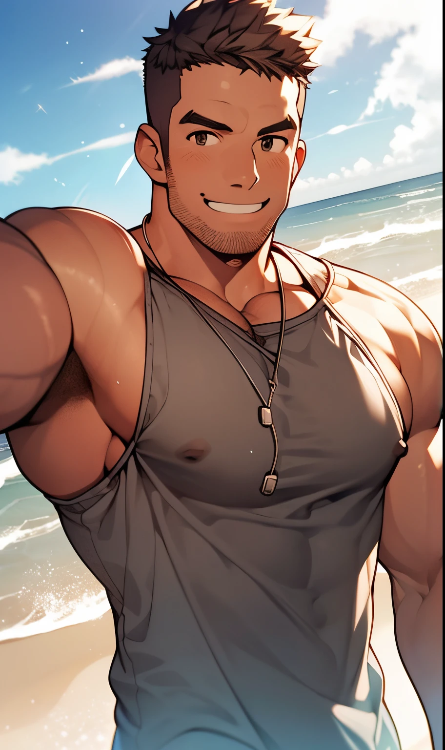 Male, selfie, beach background, brown tank shirt, short hair