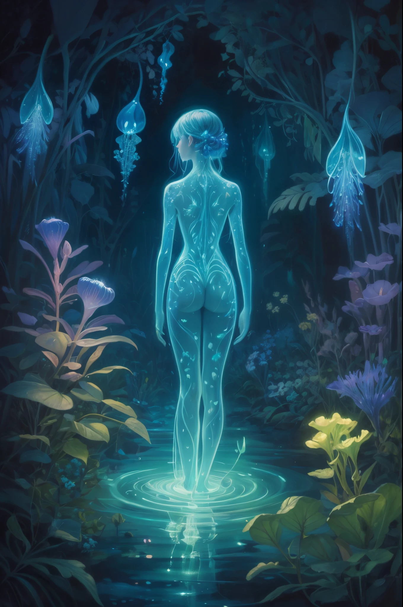 Ultra detailed illustration of a person lost in a magical world of wonders, glowy, translucent, transparent,  bioluminescent flora, incredibly detailed, pastel colors, handpainted strokes, visible strokes, oil paint, art by Mschiffer, night, bioluminescence