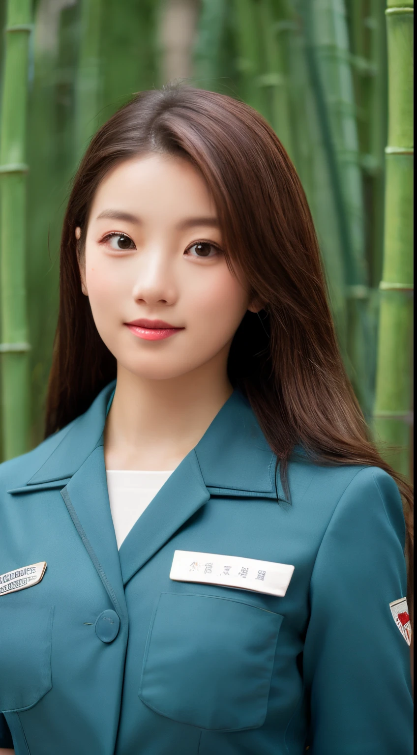 top-quality, tmasterpiece, 8K, hyper HD, 1 stewardess, beauitful face, symetrical eyes, Perfect body proportion, flightattendantuniform, the look of the audience, (in bamboo forest: 1.2), up front view, shoulder jump, absolute area (1.3),