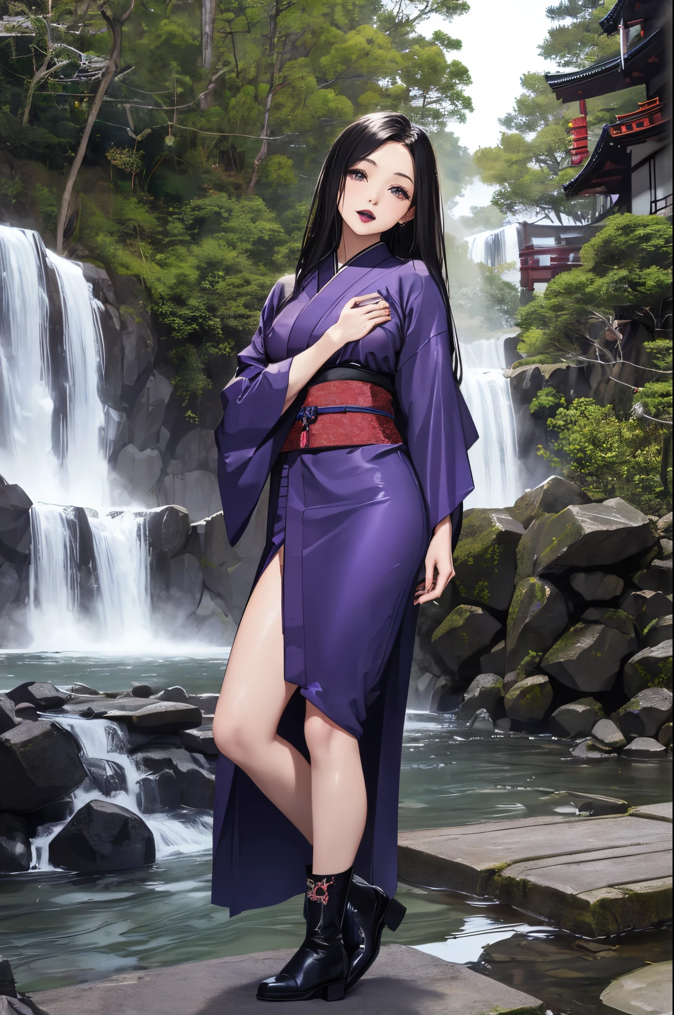 ((Japanese-style architecture on the banks of a dark waterfall)),((Japanese-style building with a terrifying atmosphere)), ((Next to a beautiful waterfall basin)), ((Sharp bewitching eyes))、((A sexy))、pale skin、(((1 girl in:1))), ((pale skin))、Melancholy beautiful face、Beautiful expression、Sexy face、Nipple bumps, (((Lower breast)))、knee high socks、(((Beautiful breasts ))), Beautiful 、long boots、Super fine face、Delicat eyes、(Double eyelids)、 (((1 Japan Woman)))、 Beautie, sixteen years old, Wavy Hair、barechested、Underhair、Realism、wetting hair、(Japanese style kimono), ((See-through kimono))、((Black kimono)), Open Wareme, Beautiful , Beautiful hands,not any dressed, I'm not wearing underwear, Female masturbation、Opening legs、squatt、(((erectile nipple)))、long teat、Squat，Spread your legs apart，(M-shaped legs),I wasn't wearing panties，Expose the lower body, (dark purple lipstick)