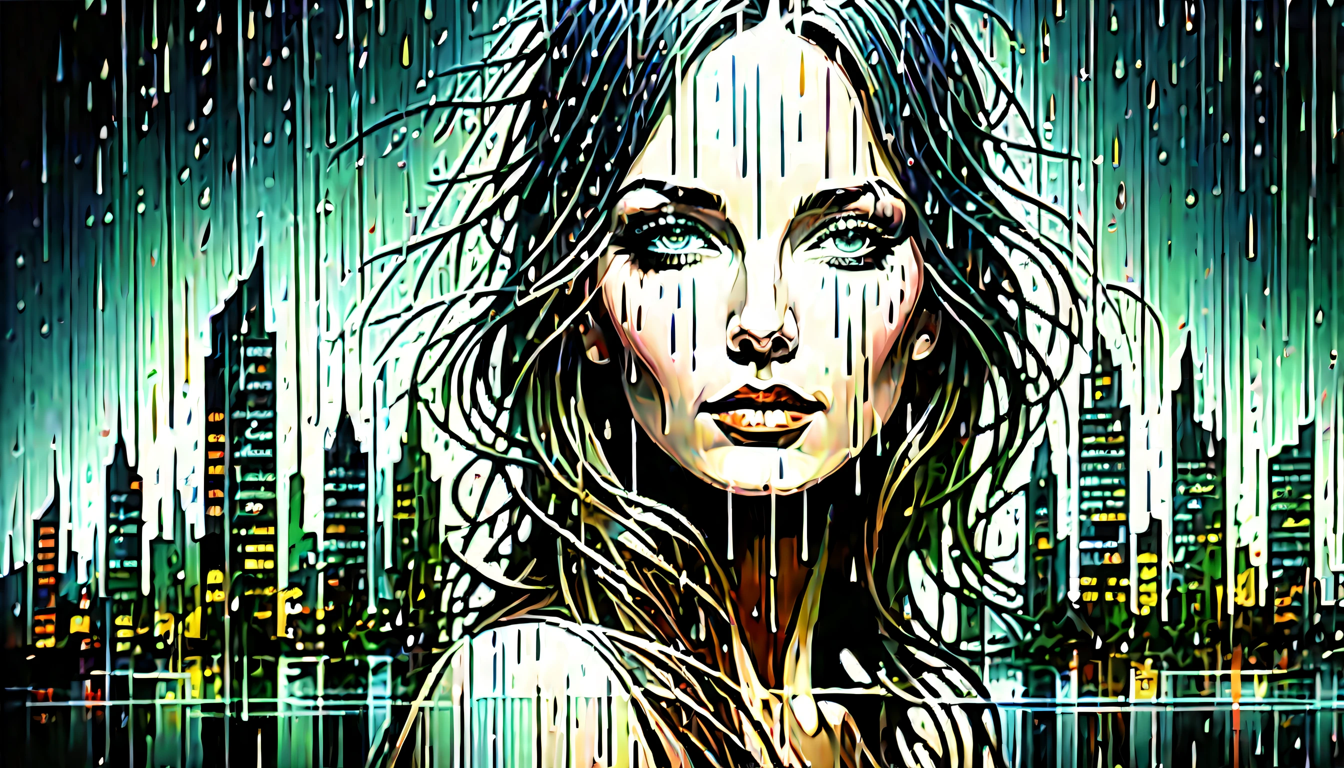 (((double exposure of abstract art of female with dark fantasy rain city scape:1.9))), heavy dripping rain, highest quality, highly quality, (crisp clarity that is unmatched:1.2), breathtaking intricate insane detailed gouache painting,