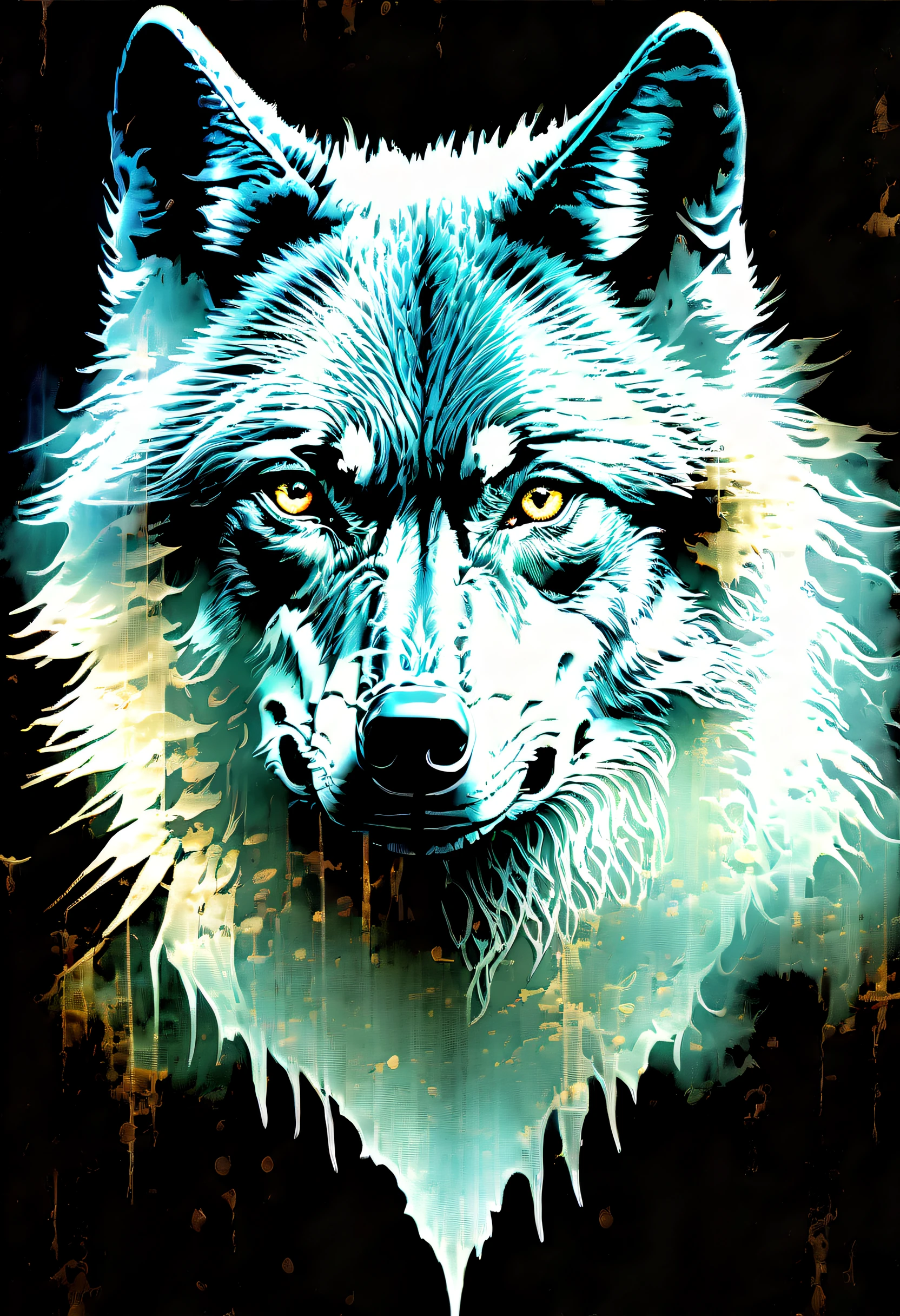(((Double exposure of wolf head with dark fantasy background:2))), intricate detail glow, highest quality, highly quality, (crisp clarity that is unmatched:1.2), breathtaking intricate insane detailed oil painting,