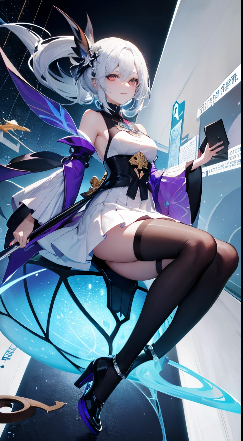 ((masterpiece, best quality)), official art, 8k wallpaper, ultra detailed, mature dark elf girl, ((dark blue and white dress)), girl in a buble, sitting, flowers, expressionless, ((White boots)), glass texture, light transmission, spectral light, gradient translucent glass melt, caustic, transparent glass texture, high detail luminescence, (prismatic patterns on hair and clothes:1.3), ((glowing petals encircle and intertwine around her)), watercolor, watercolor style, splatter, vibrant color, art by Artgerm, by Kawacy, by Yoshitaka Amano, BREAK, highly detailed of (dark elf), (1girl), solo, perfect face, details eye, Blunt bangs, (hair between eye), white hair, violet eyes, BREAK, eyelashes, eyeshadow, pink eyeshadow, (dark skin:1.2), glaring, smile, medium breast, BREAK, extremely detailed, Dutch angle,