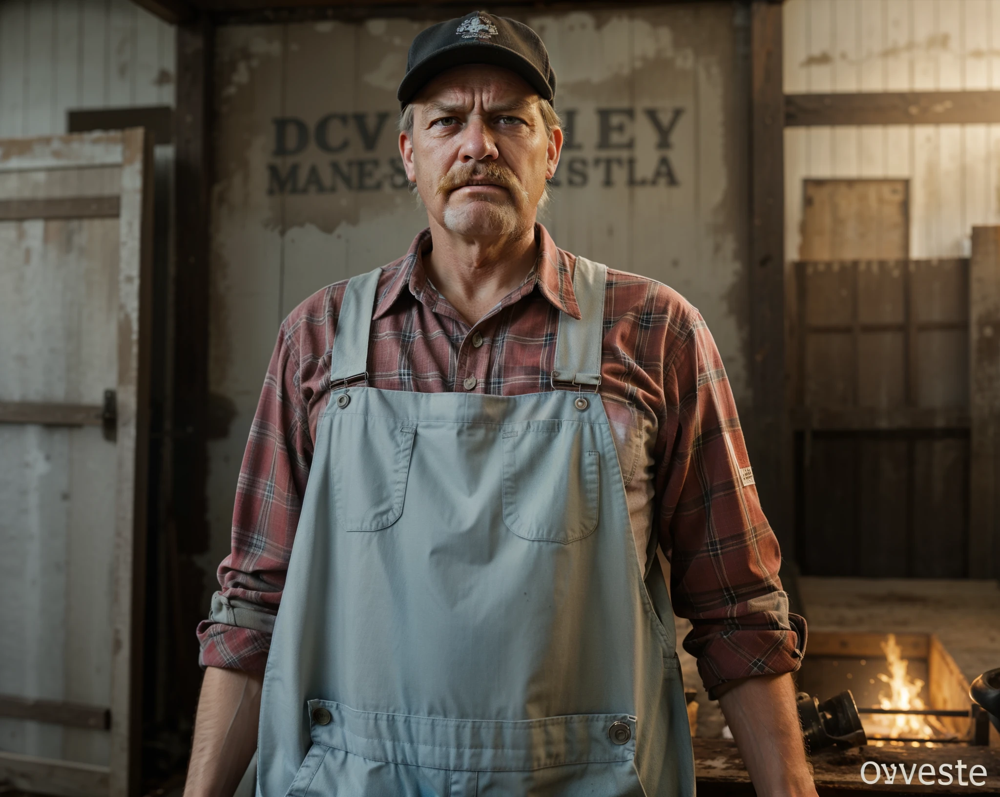 masterpiece, 4k, high quality, 1man, there is a man with a mustache and a plaid shirt, old charismatic mechanic, wearing dirty overalls, (wearing cap:1.3), dirty farmer, farmer man, redneck, (angry face expression:1.5), (old man:1.35), detailed eyes, detailed face, overalls and a white beard, starving artist wearing overalls, mechanic punk outfit, hillbilly, artist wearing overalls, vivid colors, realistic, soft light, inside farmer cabin background, dirty walls, old posters on the wall