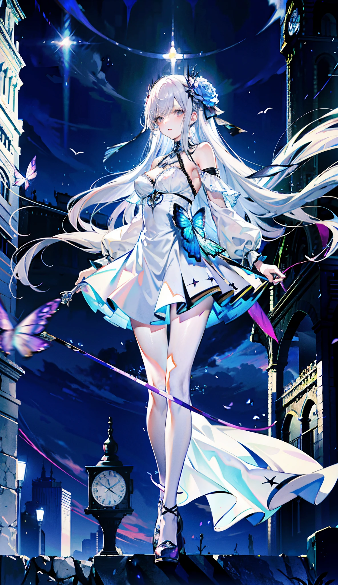 silber hair，butterflys，Long gray hair，8k wallpaper，detailedbackground，Highest high resolution，Deep V large breasts，With long bangs，Church background，Rose blanche，Tight，themoon，White dress