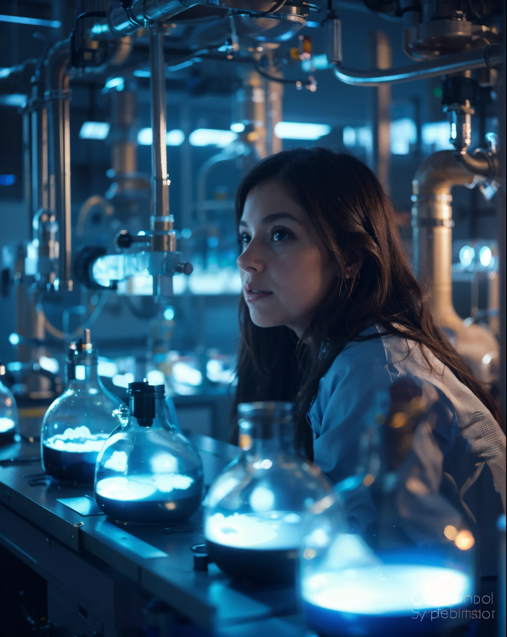 a woman in a lab coat looking at a glass full of liquid, De pie dentro de un laboratorio futurista, Woman in a dark factory, De pie en un laboratorio, Trabajando en su laboratorio de ciencias, Futuristic chemistry laboratory, en una sala de laboratorio con poca luz, en sala de laboratorio futurista, Experimentando en su laboratorio de ciencias, en un laboratorio, Toma de retrato, Futuristic scientific laboratory, Laboratorio futurista