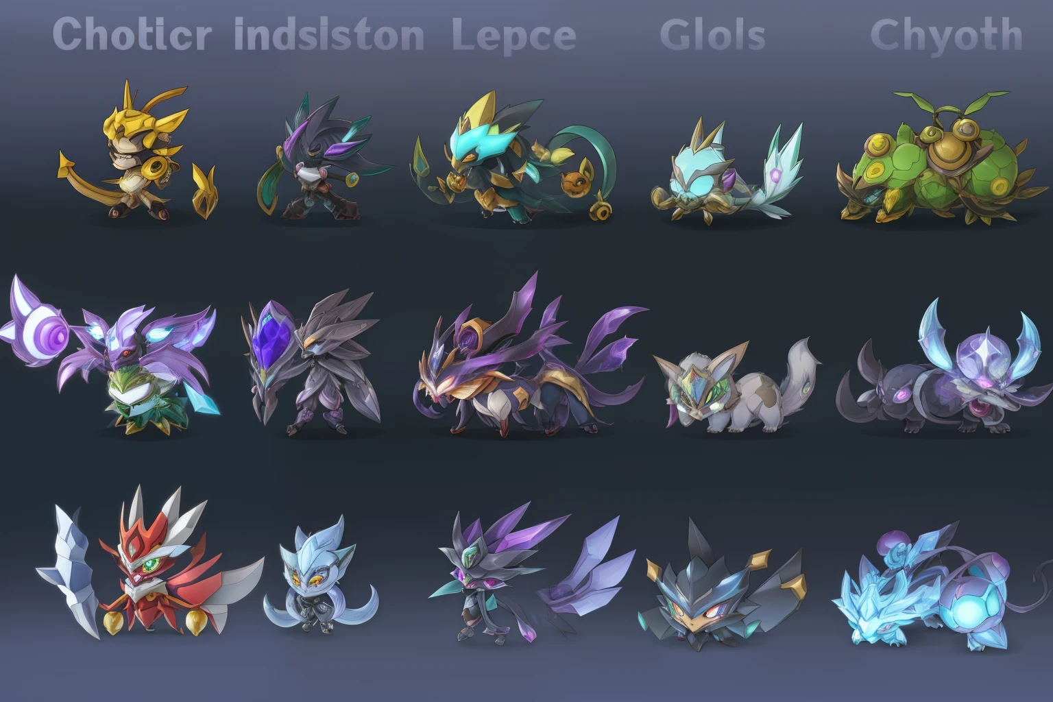 Close-up of a bunch of different types of Pokémon, species fusion, A set of high-quality HD elves, Cute cyber god, style of league of legends, All skeletons, correct style, characters merged, League of Legends style, league of legends art style, conceptual mystery pokemon, game asset of fighters, Defective organisms, 2D sprite asset table
