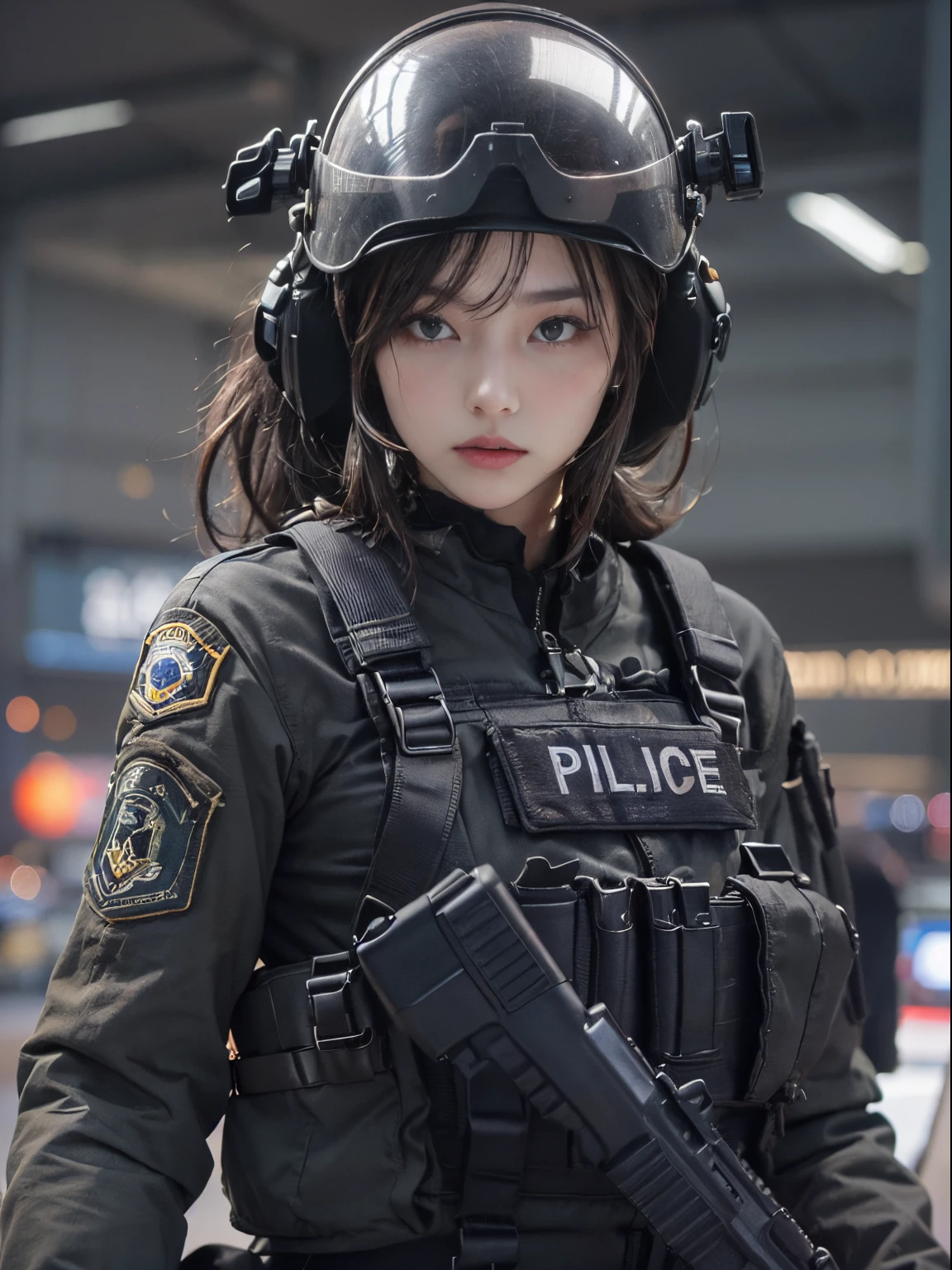 Highest image quality, outstanding details, ultra-high resolution, (realism: 1.4), ((face shot:1.5)), highly condensed 1girl, (perfect proportion, muscular:1.25, chubby:0.45), delicate and beautiful face, (wearing racing suit likes police uniform, black and gray mecha, wearing high-tech headset, military harness, holding a machinegun), peoples confusing, fires, smokes,