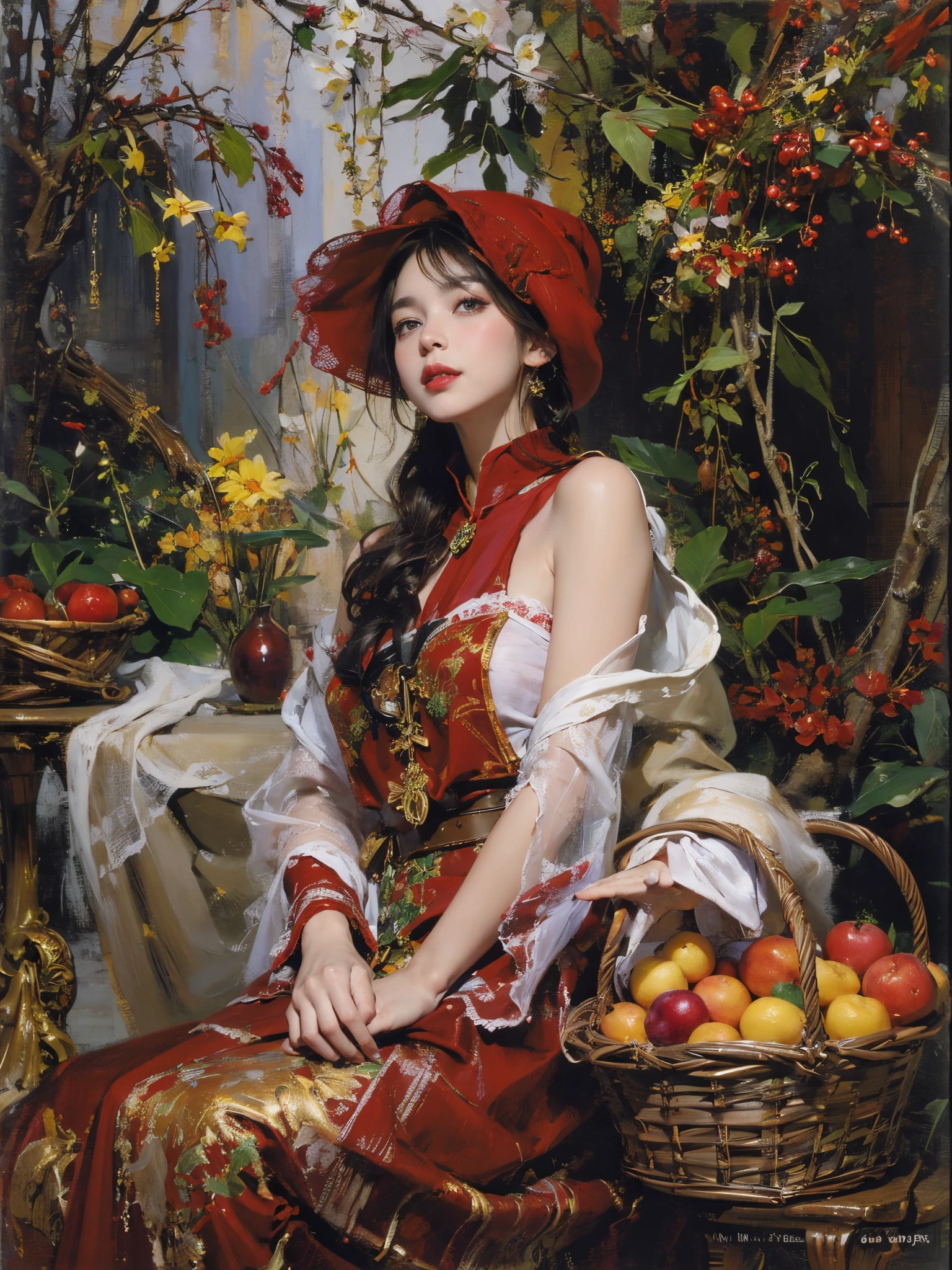 Describes the scene where the girl in red meets the wolf，Quiet and harmonious atmosphere，Dramatic composition，warm color palette，Correct anatomy，Detailed faces, 詳細な目，（Girls wear：red shawl，Red Hat，laced dress，Red Hat, cloaks, Large bra, a skirt, Red dress，Carrying a basket of fruit），Background with：luring，natural  lightting, Candy   House，a fairy world，Smiling， Close-up cleavage,Charming and sexy legs，((Sexual suggestiveness))，(post impressionist),plethora of colors,(Fechin Oil Painting - Fechin Oil Painting , oil painted), 03