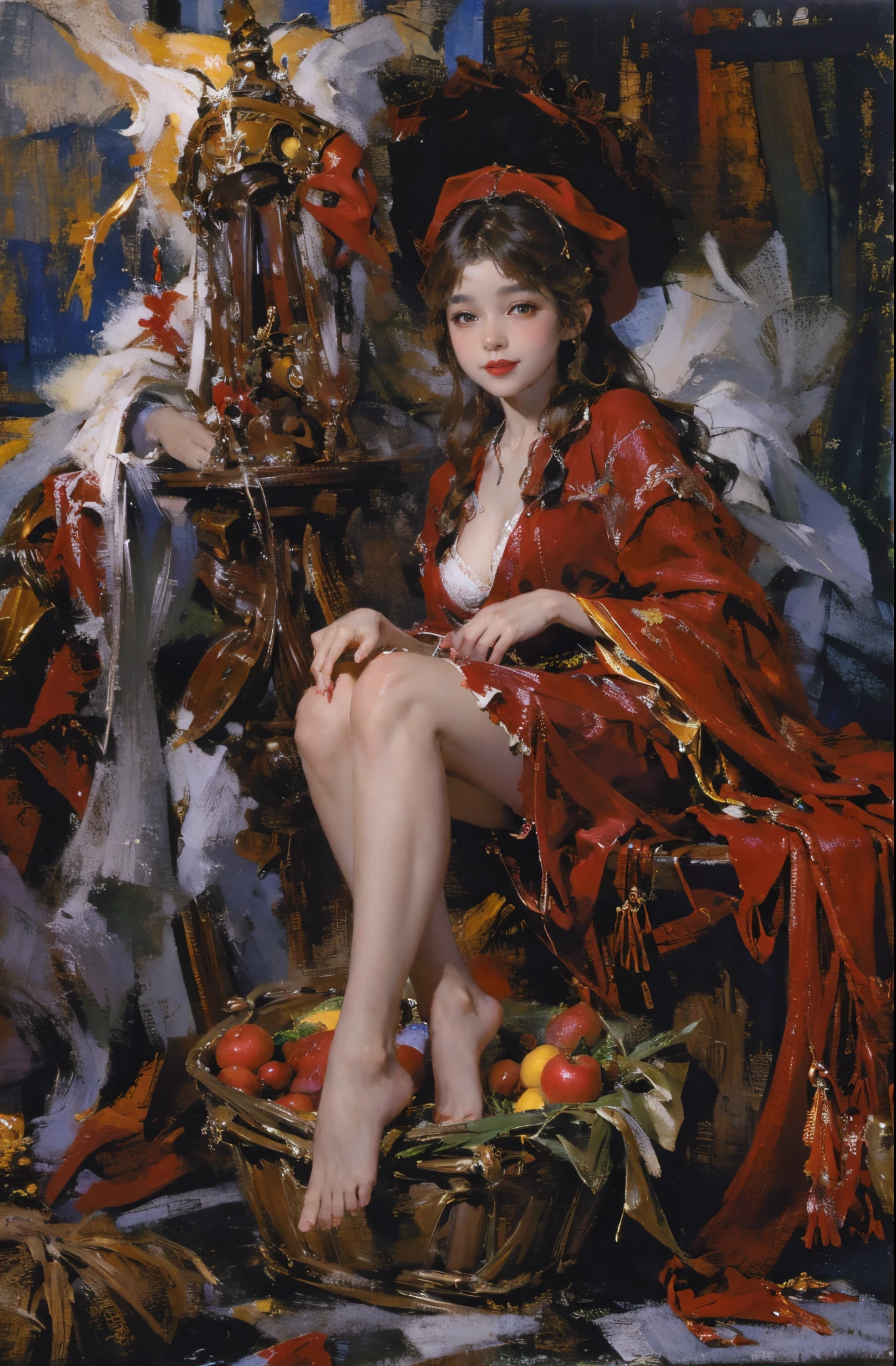 Depicting the girl in red meeting the wolves,Quiet and harmonious atmosphere,Dramatic composition,Warm color palette,Correct anatomy,详细的脸, 詳細な目,(Girls wear:red shawl,Red Hat,laced dress,Red Hat, cloaks, big bust bra, a skirt, Red dress,Carrying a basket of fruit),Background with:allure,natural lightting, Candy House,a fairy world,((Sexual suggestiveness)),Attractions,(post impressionist),,(Fechin Oil Painting - Fechin Oil Painting , oil painted), Smiling, Close-up cleavage,Charming and sexy legs,01