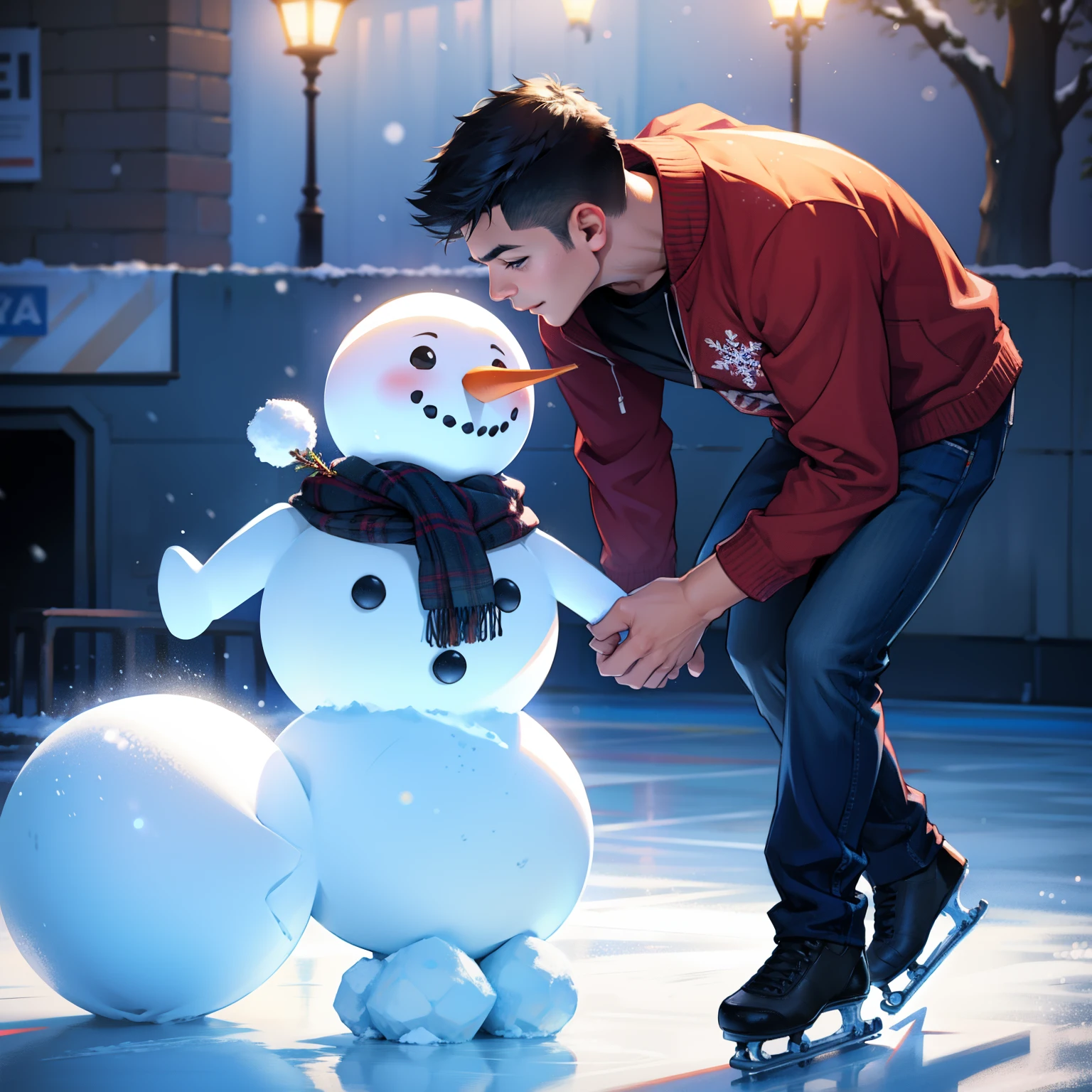 Ice, snowman, gay couple skating