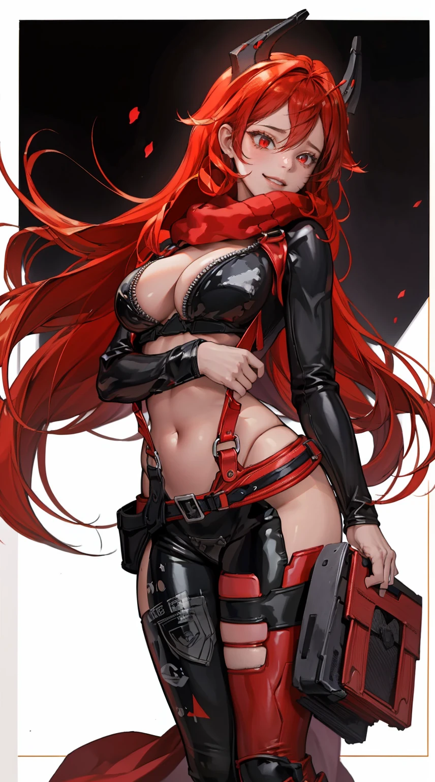 redhoodx, very long hair, mechanical horns, red eyes, red scarf, unzipped bodysuit, suspenders, black pants,、realisitic、lipgloss、realisitic、top-quality、超A high resolution、depth、PastelColors、natural shadows、Focus on the face、Face only、Look at viewers、length hair、、A detailed eye、(masterpiece、top-quality)、1 girl in、独奏、from the front side、(Shut up)、a smile、cparted lips、shinny skin、thick thight、looking at the spectator、tre anatomically correct