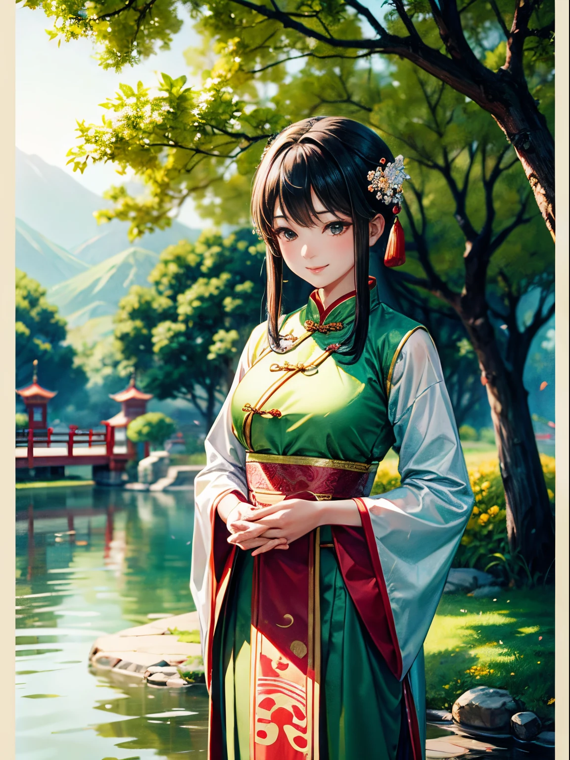 （Best quality，highr）Very young,Exquisite and meticulous ancient Chinese maid，Simple,traditionalcostumes,adorable smile，traditional chinese garden，standing on your feet，bowing,Blooming flowers and green willows in the background，Vivid colors and rich textures，artistic strokes，Harmonious and elegant atmosphere，bright lights and soft shadows，a peaceful and serene atmosphere，classic chinese art style