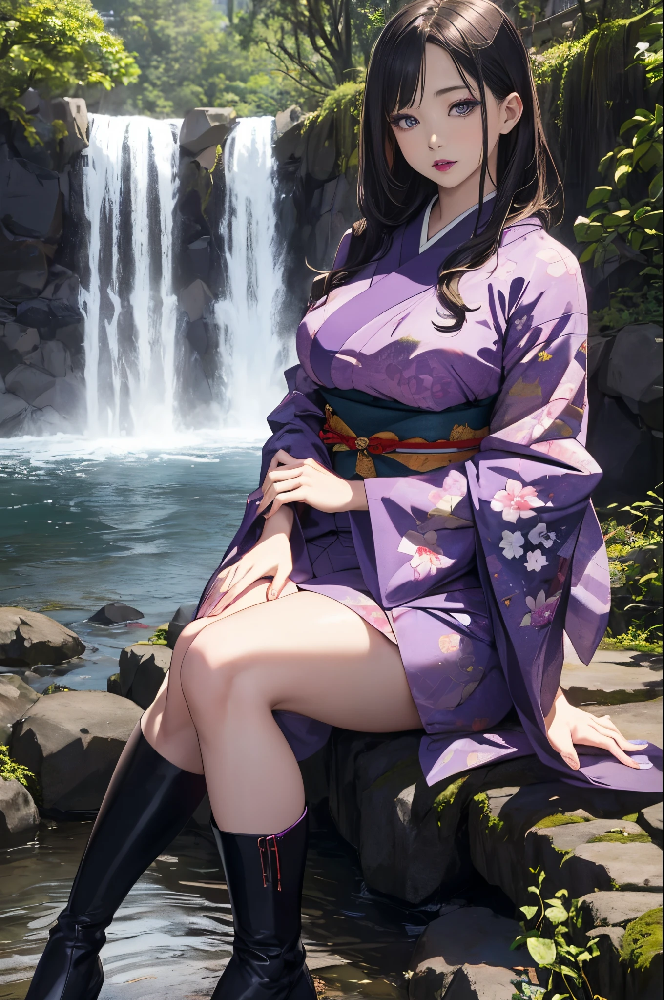 ((Japanese-style architecture on the banks of a dark waterfall)),((Japanese-style building with a terrifying atmosphere)), ((Next to a beautiful waterfall basin)), ((Sharp bewitching eyes))、((A sexy))、pale skin、(((1 girl in:1))), ((pale skin))、Melancholy beautiful face、Beautiful expression、Sexy face、Nipple bumps, (((Lower breast)))、knee high socks、(((Beautiful breasts ))), Beautiful 、long boots、Super fine face、Delicat eyes、(Double eyelids)、 (((1 Japan Woman)))、 Beautie, sixteen years old, Wavy Hair、barechested、Underhair、Realism、wetting hair、(Japanese style kimono), ((See-through kimono))、((Black kimono)), Open Wareme, Beautiful , Beautiful hands,not any dressed, I'm not wearing underwear, Female masturbation、Opening legs、squatt、(((erectile nipple)))、long teat、Squat，Spread your legs apart，(M-shaped legs),I wasn't wearing panties，Expose the lower body, (dark purple lipstick)