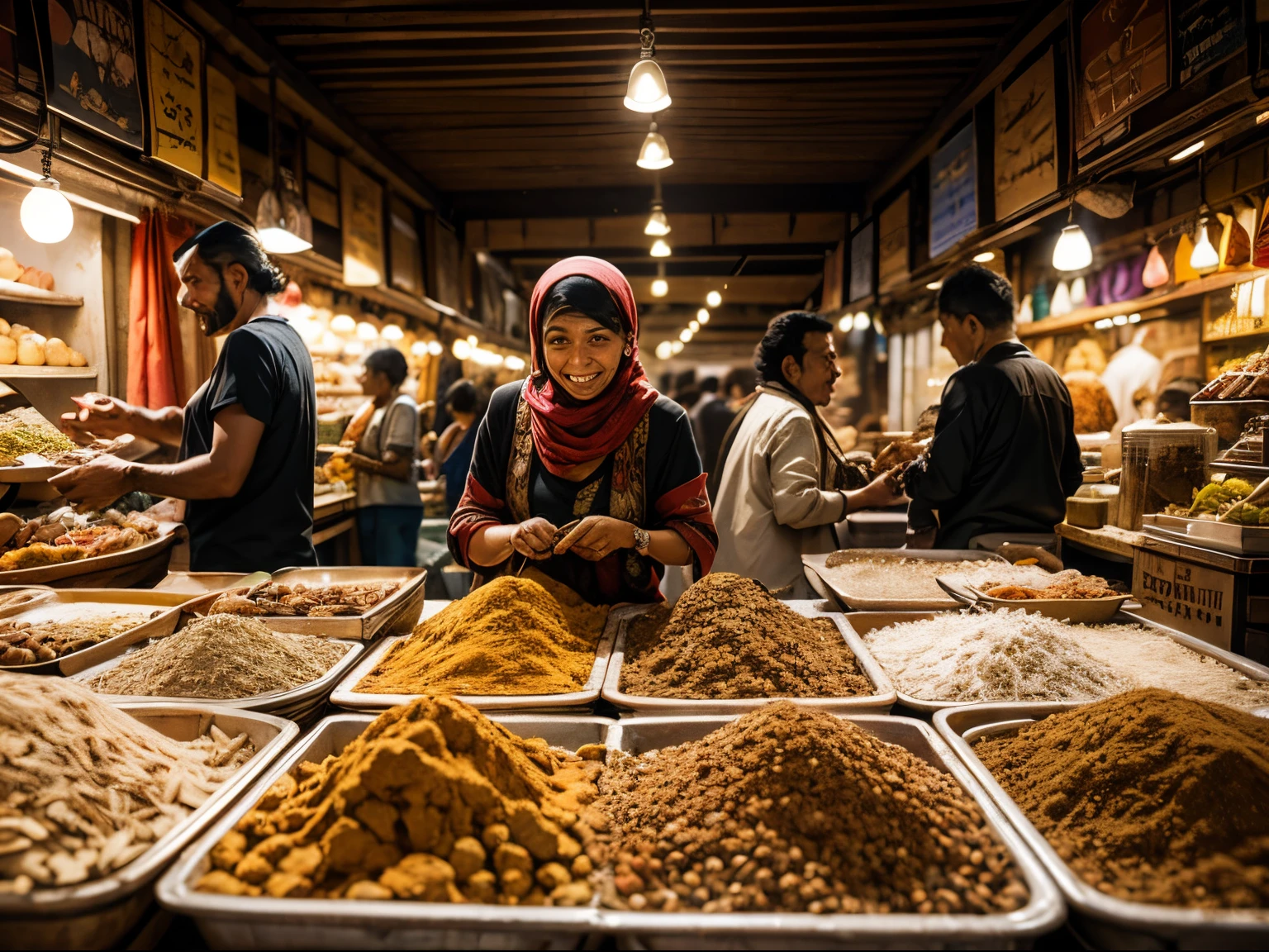 Documentary-style photography of a bustling marketplace in Marrakech, with spices and textiles, close up of spices with blurred background, happy people haggling over spices, smiling, (bright vivid colors).