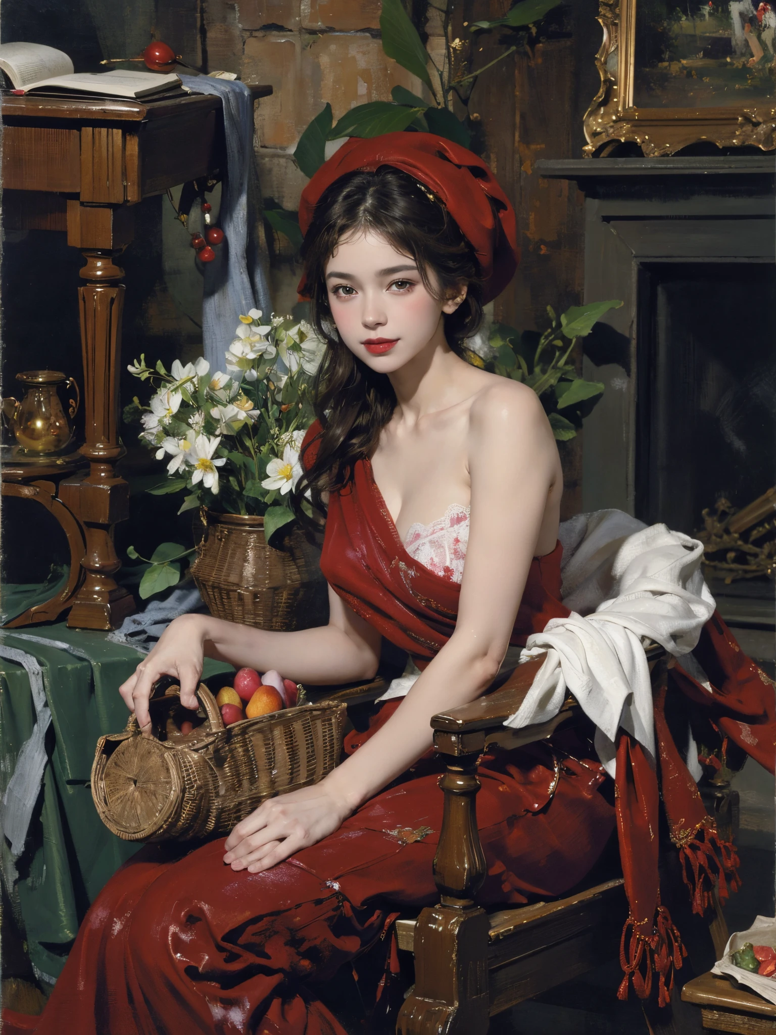 Describe the scene where the girl in red meets the wolf，Quiet and harmonious atmosphere，Dramatic composition，warm color palette，Correct anatomy，Detailed faces, 詳細な目，（Girls wear：red shawl，Red Hat，laced dress，Red Hat, cloaks, Large bra, a skirt, Red dress，Carrying a basket of fruit），Background with：luring，natural  lightting, Candy   House，a fairy world，Smiling， Close-up cleavage,Charming and sexy legs，((Sexual suggestiveness))，(post impressionist),many color,(Fechin Oil Painting - Fechin Oil Painting , oil painted), （Correct anatomy：1.6），