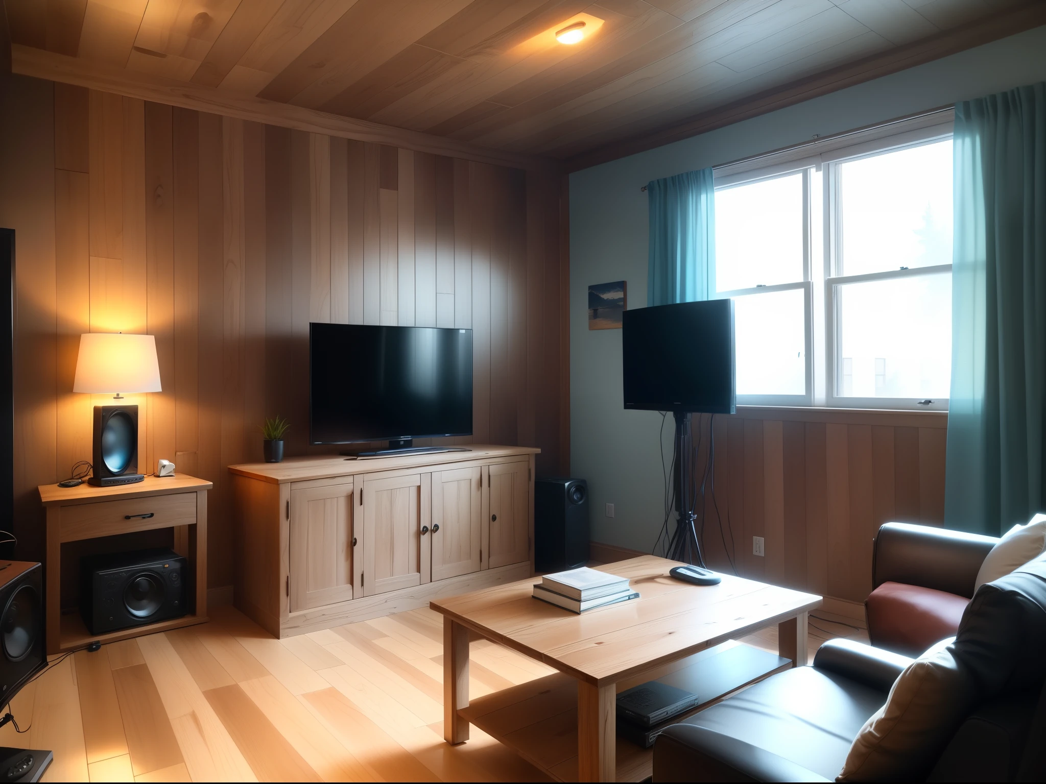 10x10 room. Mood is masculine with blue and wood tones. Podcast studio. There is a TV on west wall. One window on north wall. And a chair on the East and south wall corner. Add some wood panels and soft ambient lighting.