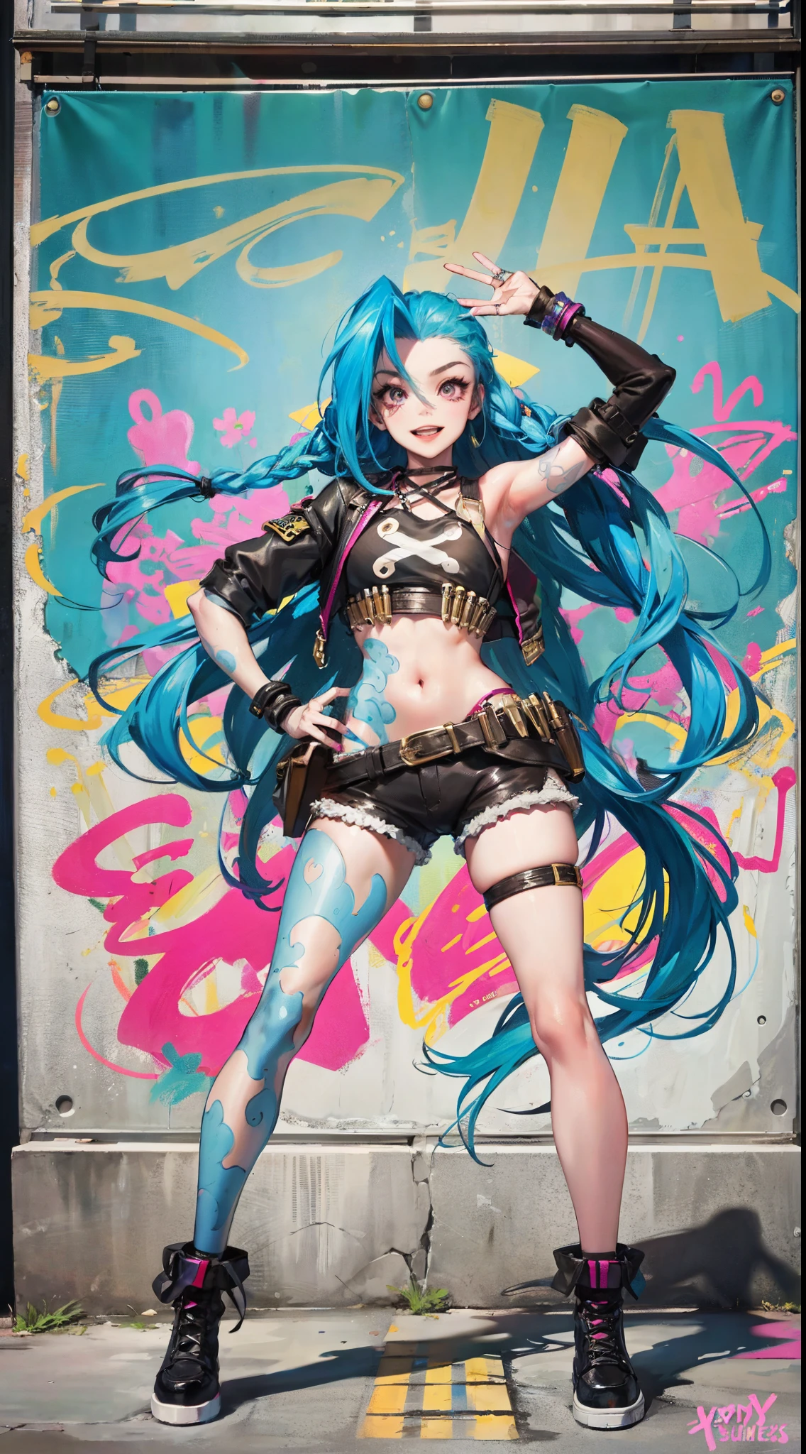 Jinx,Fleshy thighs,Poster publicity style,Ingram,Pose,Ultra shorts,Simetall,Street graffiti,Happy expression