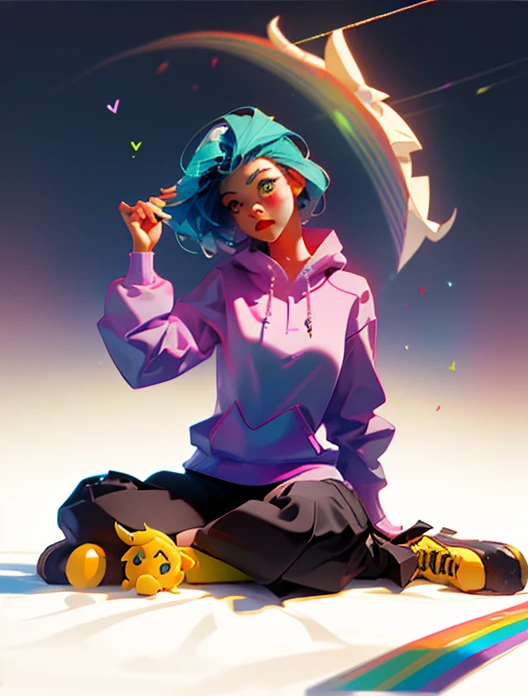 best quality, High quality, a cute girl, nur, RainbowDash, Kapuzenpullover, Yoga-Hosen, Hintern, Esel, sind vorbei, Turnschuhe, Umkleideraum, 4K,