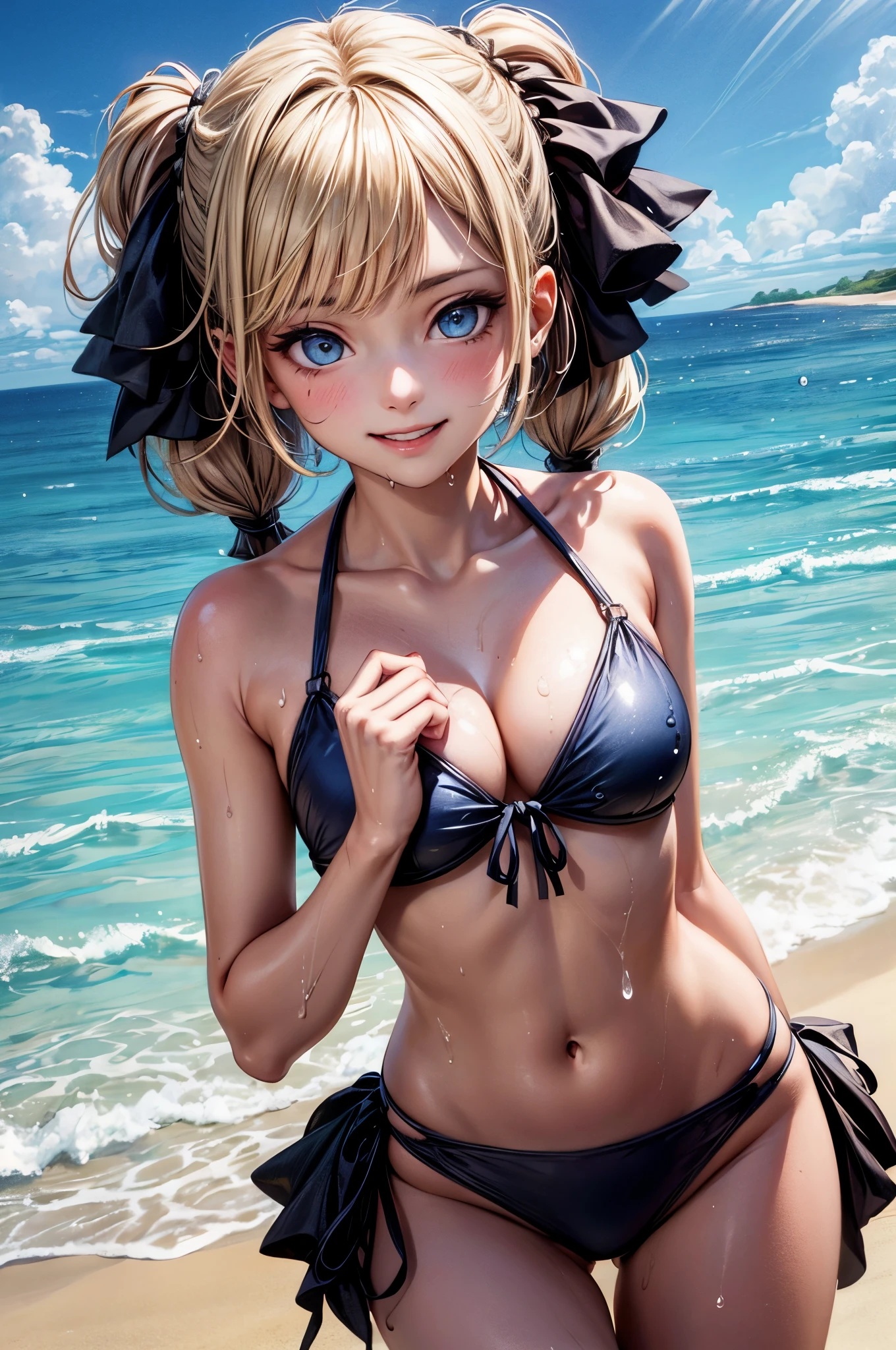 1girl, blonde long hair, braided twin pigtails, blue eyes, bikini, masterpiece, top quality, super high detail illustration, detailed 2.5d face, Caravaggio effect, finally, random composition, smiling, sweat, water droplets, water effect, sitting on the beach