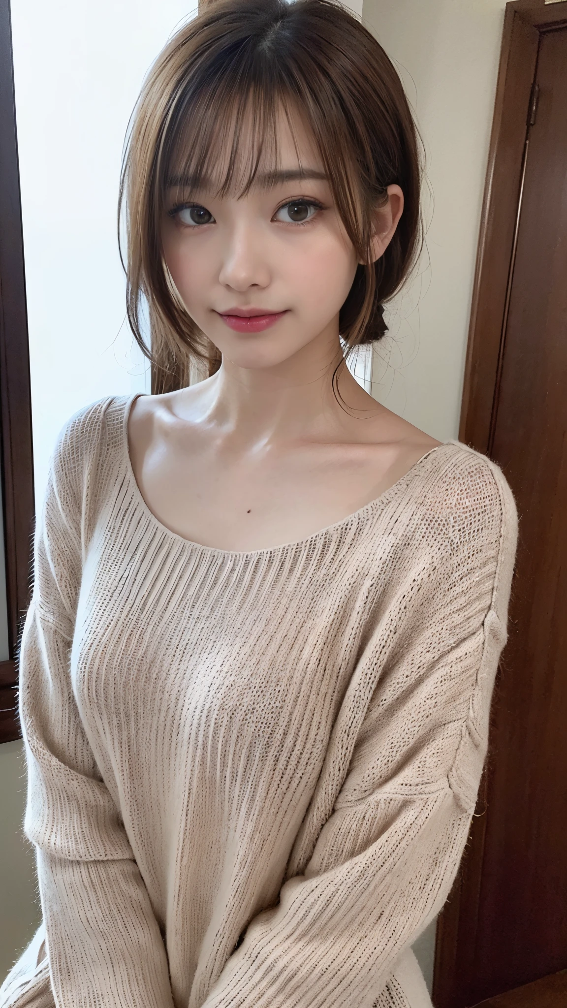 (tmasterpiece:1.3), (8K, 真实感, Original photography, Top image quality: 1.4), Japanese high school girl、(random hair style:1.2)、Lop:1.2、Super detailed faces、Eye of detail、二重まぶた、Bring your chest together、lock focus:1.2、Beutiful women:1.4、Light brown hair、top-quality、tmasterpiece、超高分辨率、(真实感:1.4)、Highly detailed and professional lighting smile、Loose and lightweight knitwear、shoulders outward、elongated、serious expressions、Short hair details、Fatal position