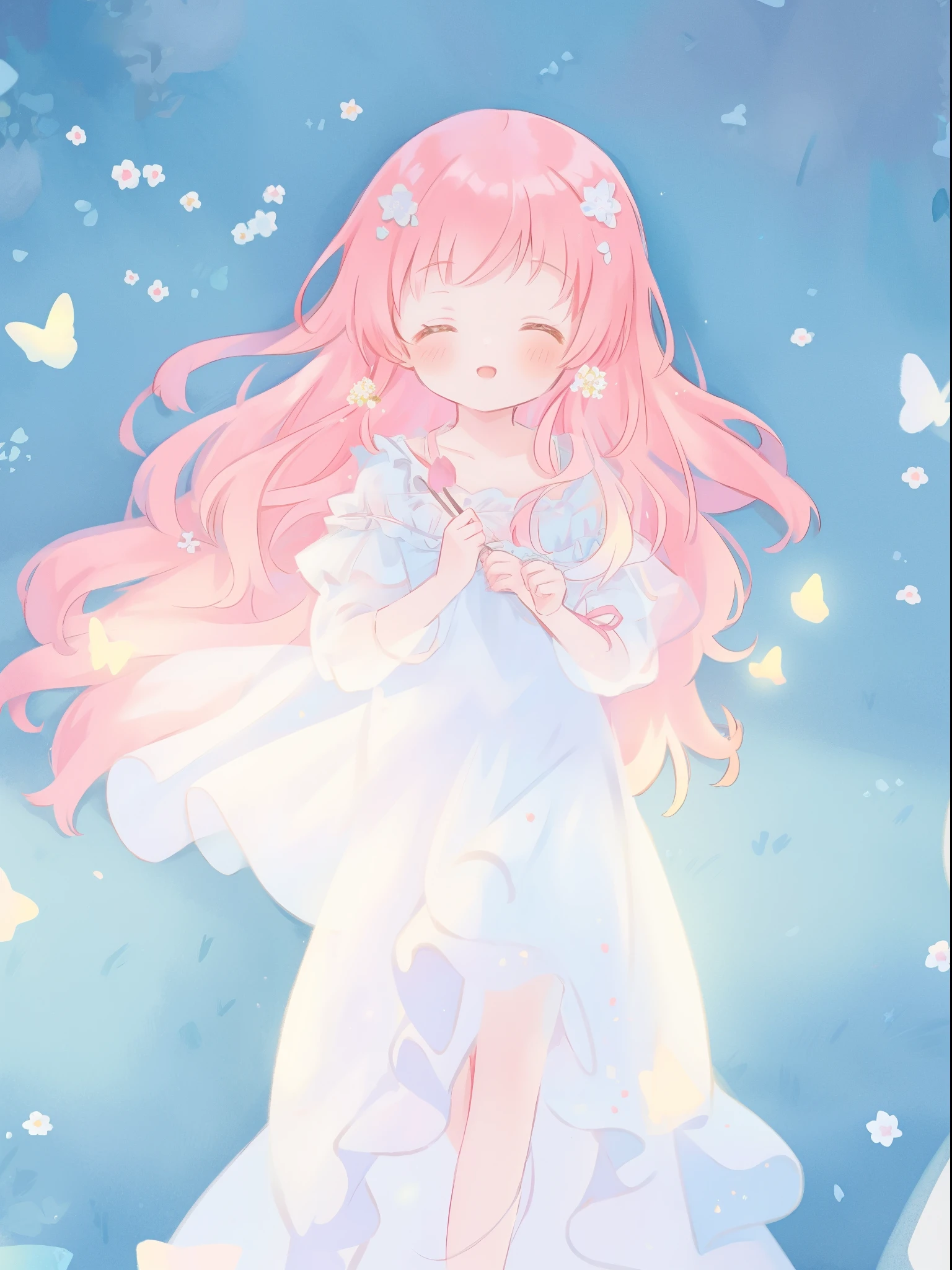 beautiful fairy girl in sparkling white ballgown, puffy flowing ballgown, sheer fluttering sleeves, ((glowing sheer layered dress)), long red gold hair, colorful fantasia background, delicate white flowers in her hair, watercolor illustration, glowing lights, beautiful digital illustration, fantasia otherworldly landscape, beautiful, masterpiece, best quality, (vibrant pastel colors), (colorful), magical forest landscape, sharp focus, intricate details, highly detailed, 8k resolution