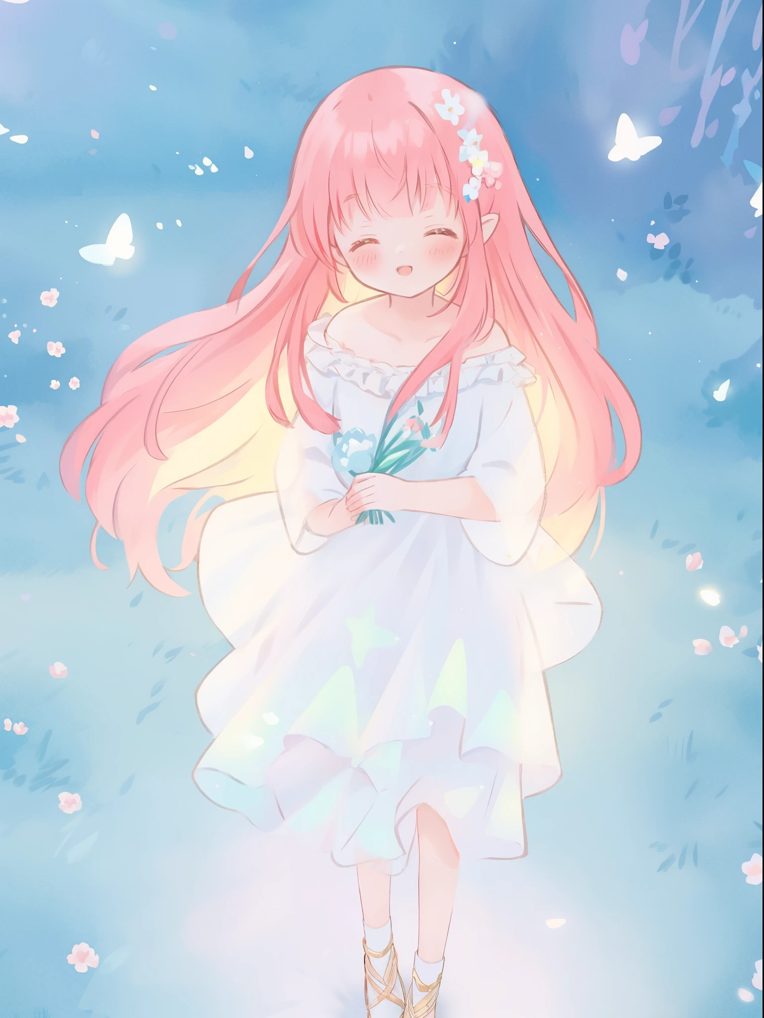 beautiful fairy girl in sparkling white ballgown, puffy flowing ballgown, sheer fluttering sleeves, ((glowing sheer layered dress)), long red gold hair, colorful fantasia background, delicate white flowers in her hair, watercolor illustration, glowing lights, beautiful digital illustration, fantasia otherworldly landscape, beautiful, masterpiece, best quality, (vibrant pastel colors), (colorful), magical forest landscape, sharp focus, intricate details, highly detailed, 8k resolution