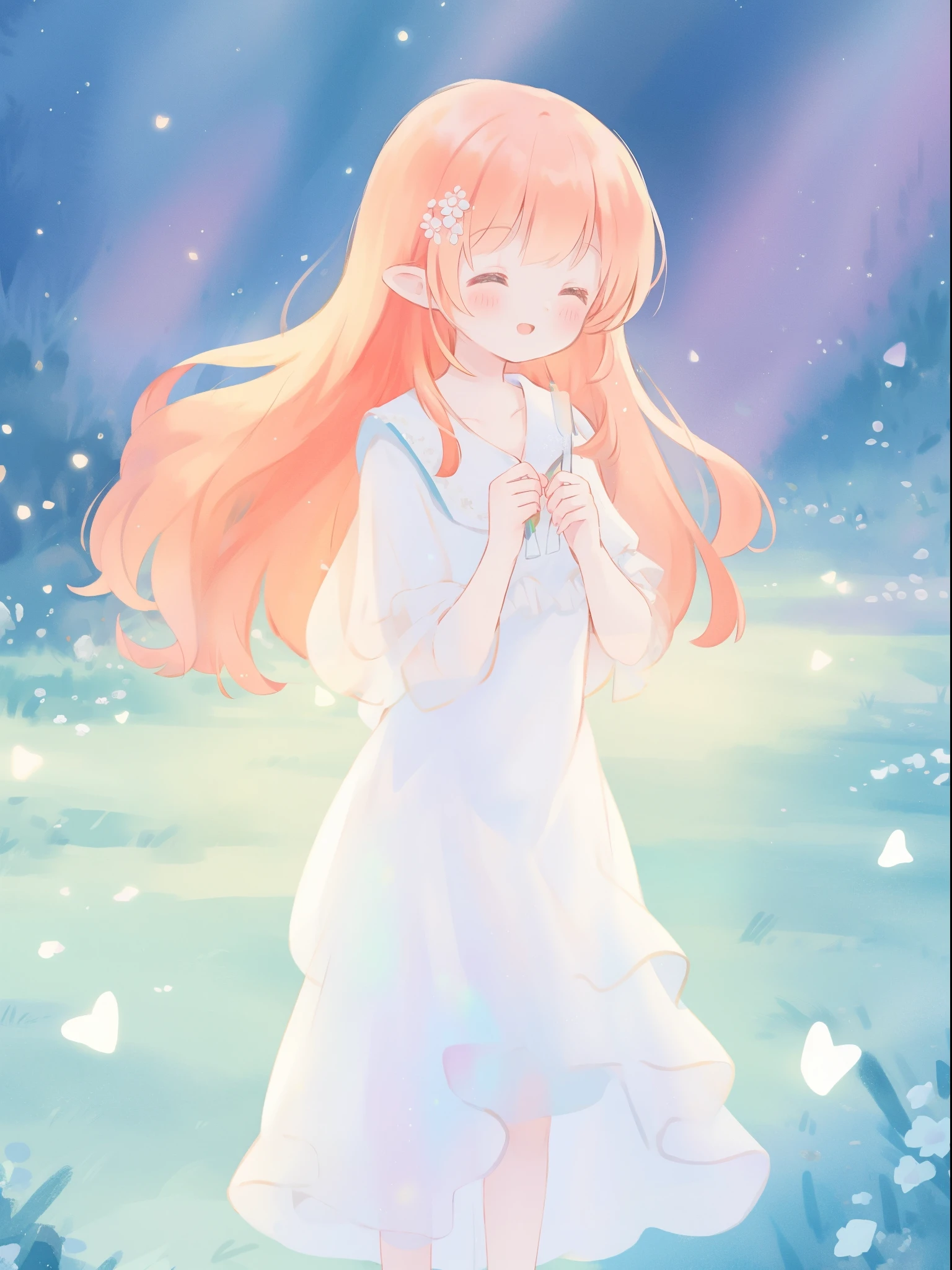 beautiful fairy girl in sparkling white ballgown, puffy flowing ballgown, sheer fluttering sleeves, ((glowing sheer layered dress)), long red gold hair, colorful fantasia background, delicate white flowers in her hair, watercolor illustration, glowing lights, beautiful digital illustration, fantasia otherworldly landscape, beautiful, masterpiece, best quality, (vibrant pastel colors), (colorful), magical forest landscape, sharp focus, intricate details, highly detailed, 8k resolution