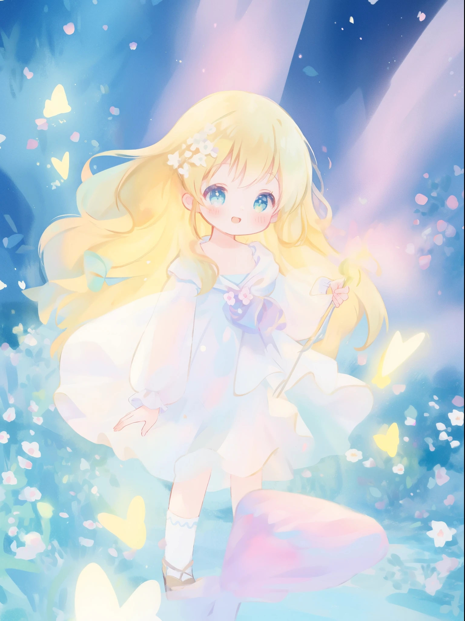 beautiful fairy girl in sparkling white ballgown, puffy flowing ballgown, sheer fluttering sleeves, ((glowing sheer layered dress)), long red gold hair, colorful fantasia background, delicate white flowers in her hair, watercolor illustration, glowing lights, beautiful digital illustration, fantasia otherworldly landscape, beautiful, masterpiece, best quality, (vibrant pastel colors), (colorful), magical forest landscape, sharp focus, intricate details, highly detailed, 8k resolution